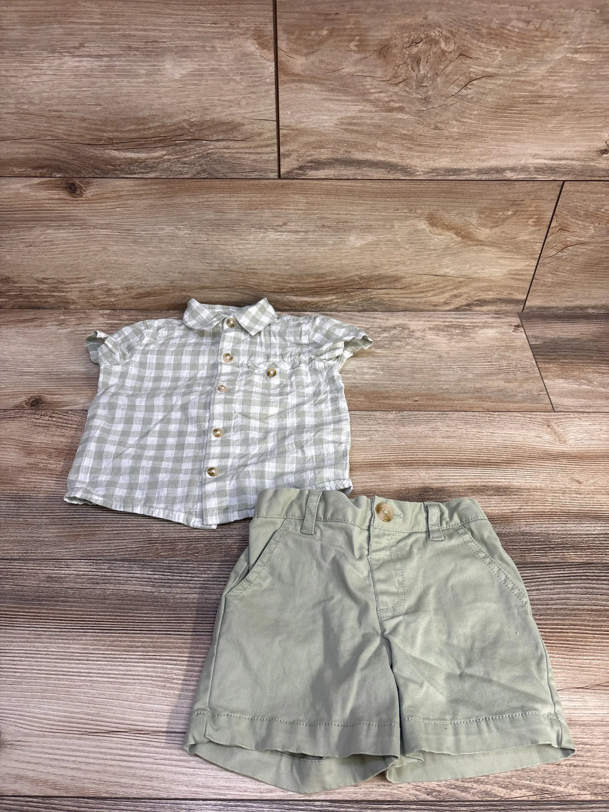 Overhead view of Haute Hippie 2pc Button-Up Shirt & Shorts Set showing green-and-white gingham shirt and green shorts