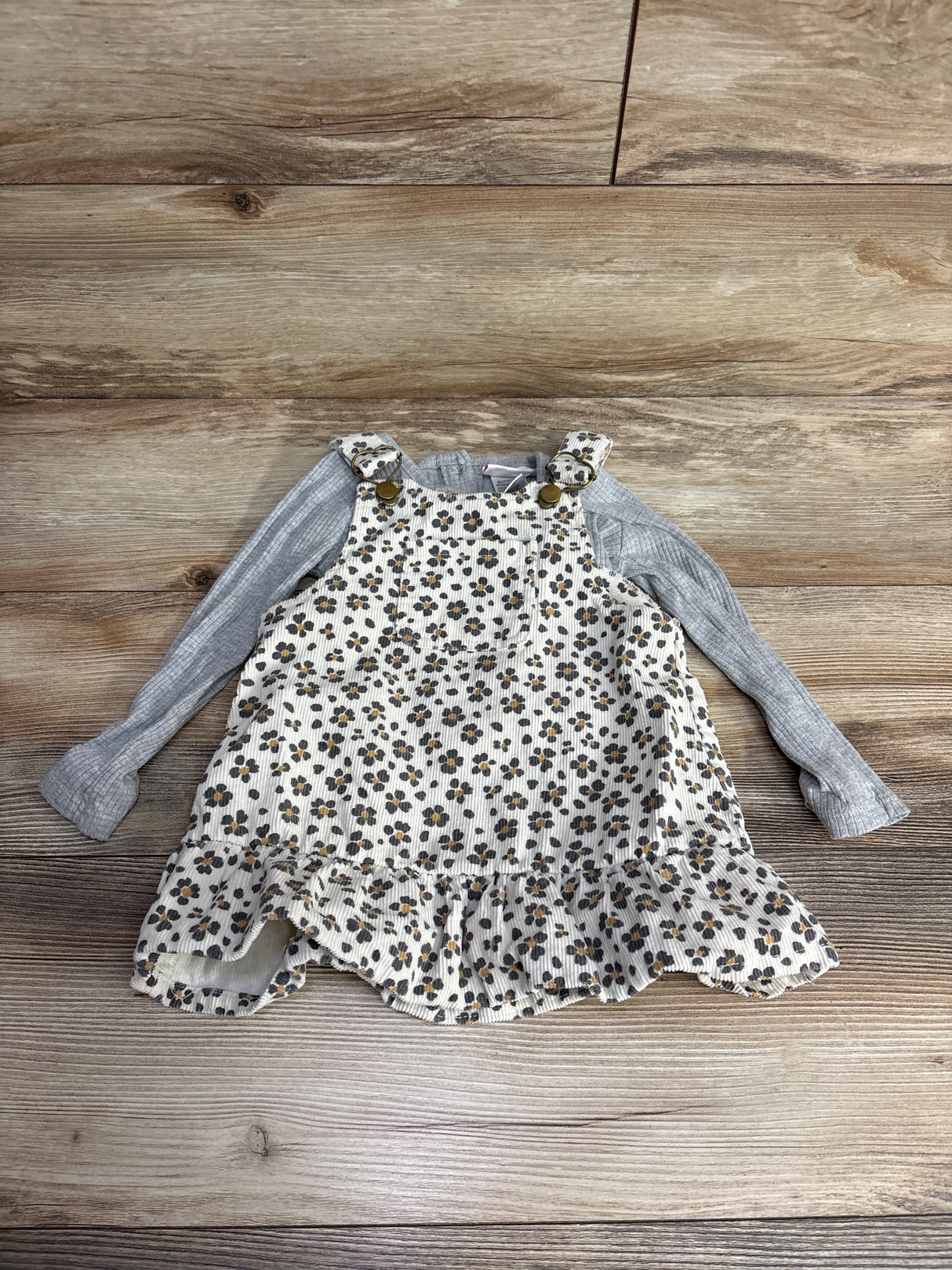 Little Lass 2pc Floral Cord Overalls & Ribbed Shirt Grey sz 2T