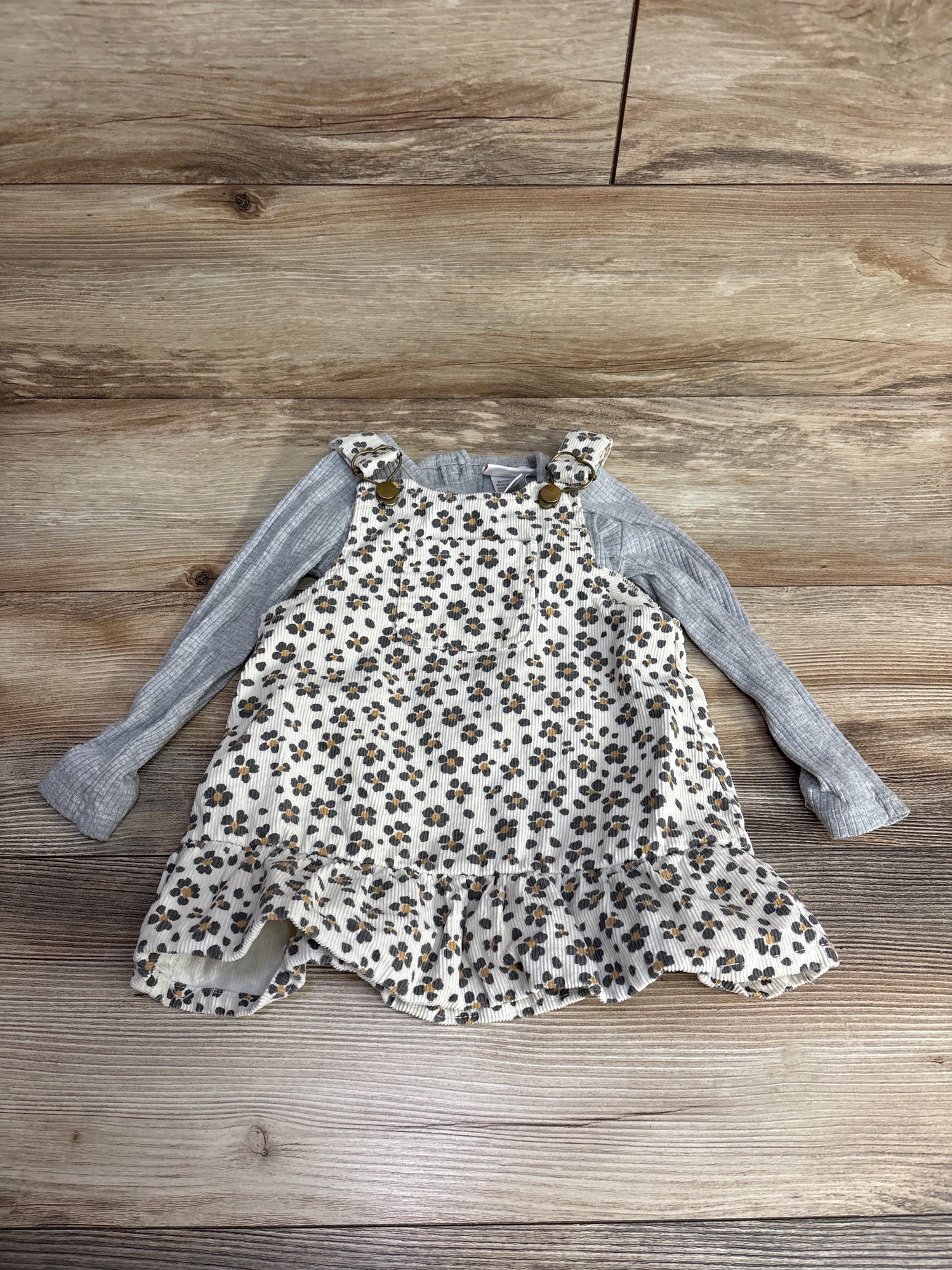 Little Lass 2pc Floral Cord Overalls & Ribbed Shirt Grey sz 2T