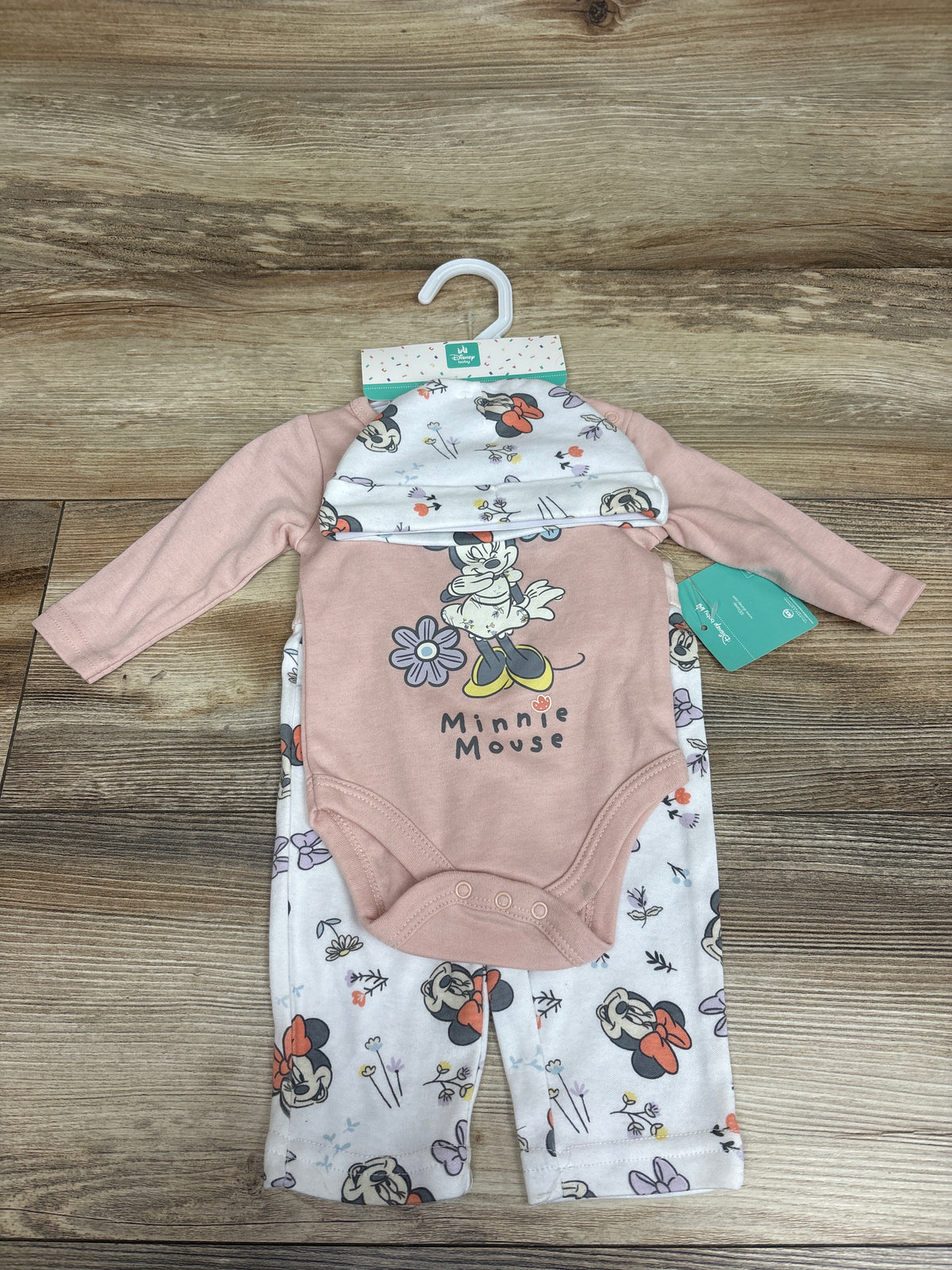 NEW Disney Baby Minnie Mouse 3pc Bodysuit, Pants, & hat Set Pink sz 0/3m