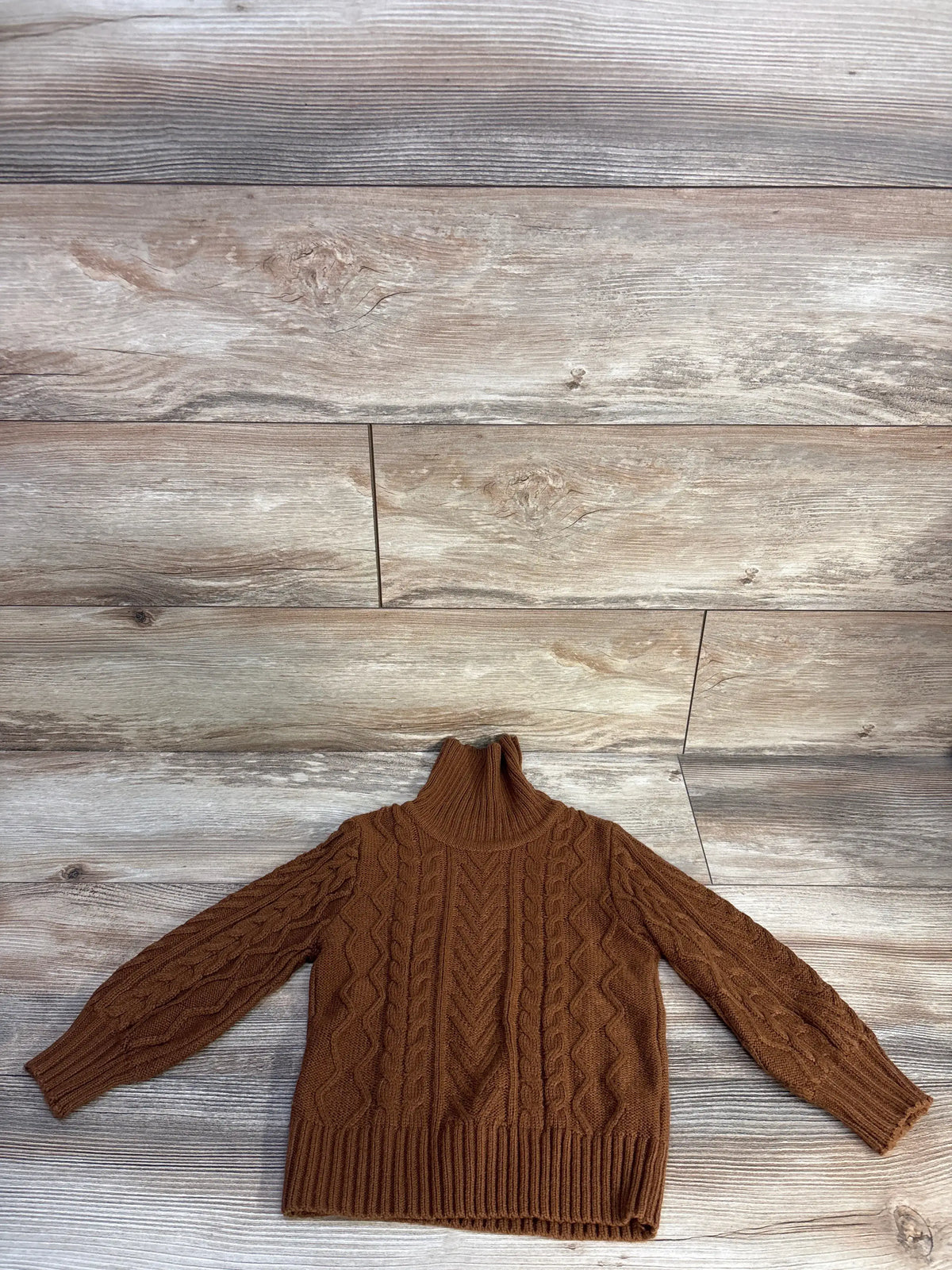 Front view of brown Shein cable knit turtleneck sweater in size 5T showcasing long sleeves and ribbed trim