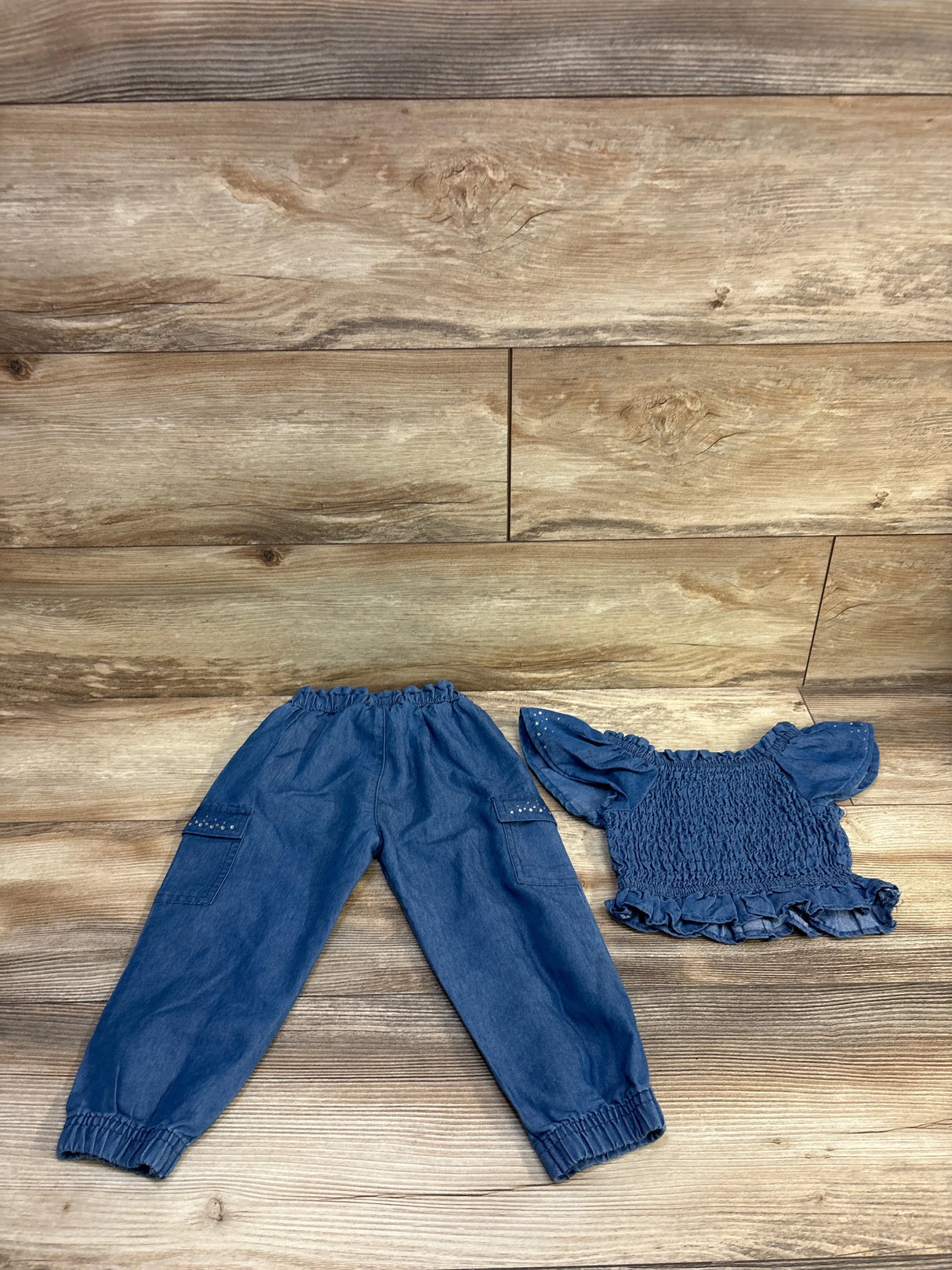 Lemon Kiss 2pc Chambray Smocked Top & Bottoms Blue sz 24m