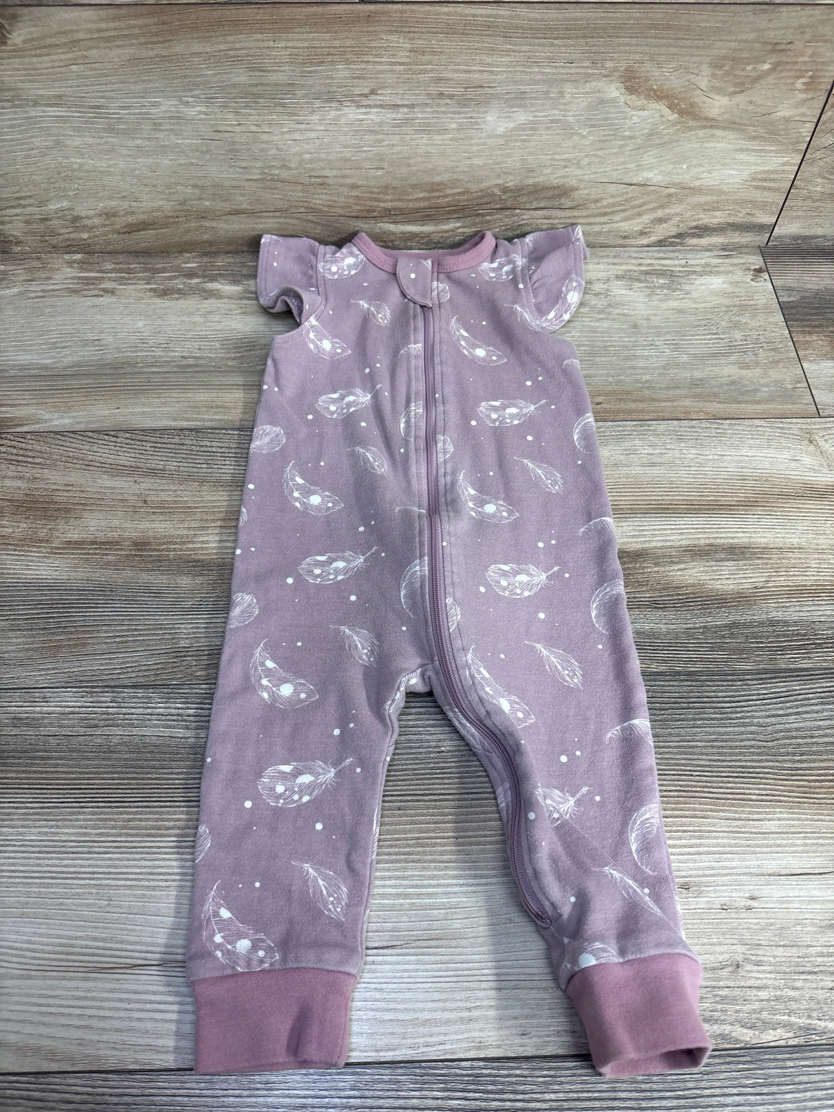 Owlivia Organic Zip Footless Pajamas in Ruffle Feather Mauve sz 6-12m