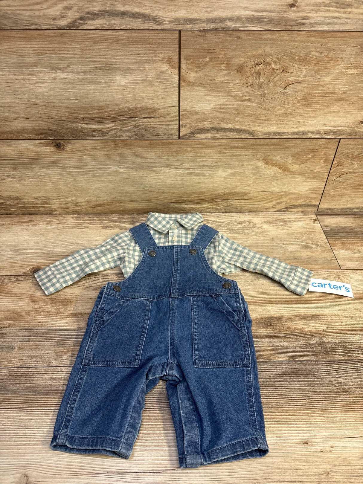 NEW Carter's 2pc Button-Up Shirt & Denim Overalls Set Green sz 3m
