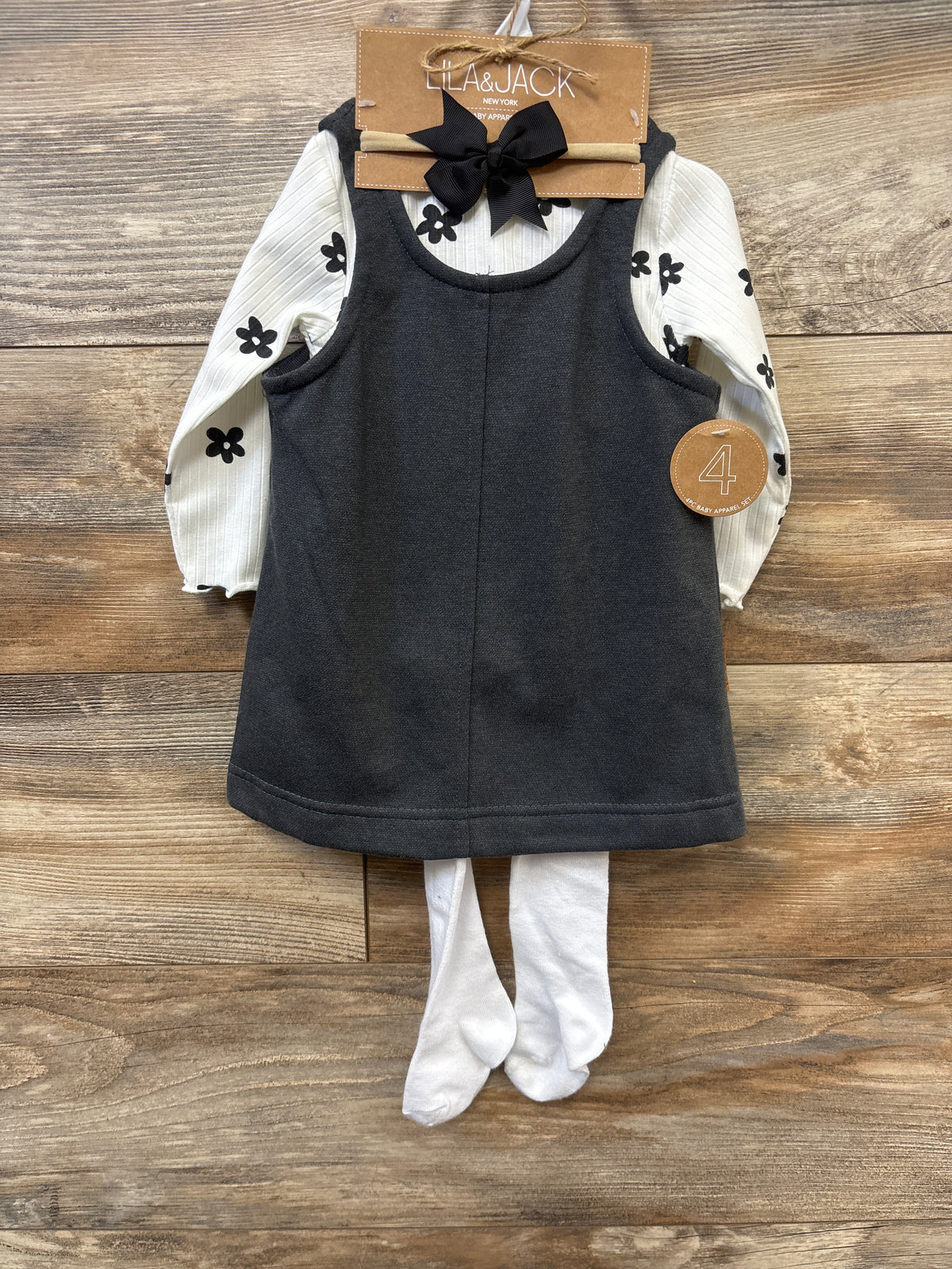 NEW Lila & Jack 4pc Dress, Long Sleeve Shirt, Tights, & Headband Set White sz 6-9m