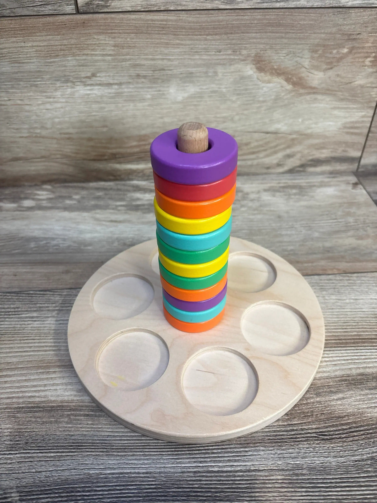 Colorful wooden stacking rings toy for babies and toddlers, rainbow educational baby gear