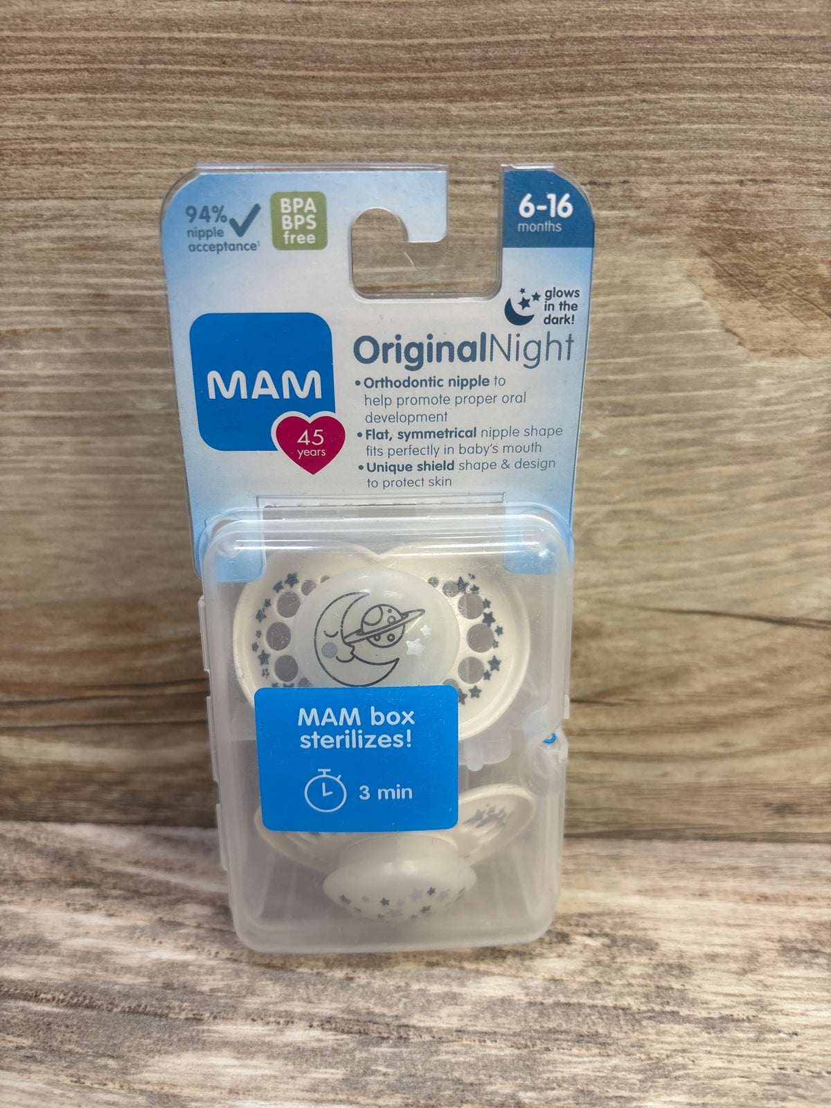NEW MAM Original Night 2pk Pacifiers, Glow-in-the-Dark Cream 6-16m