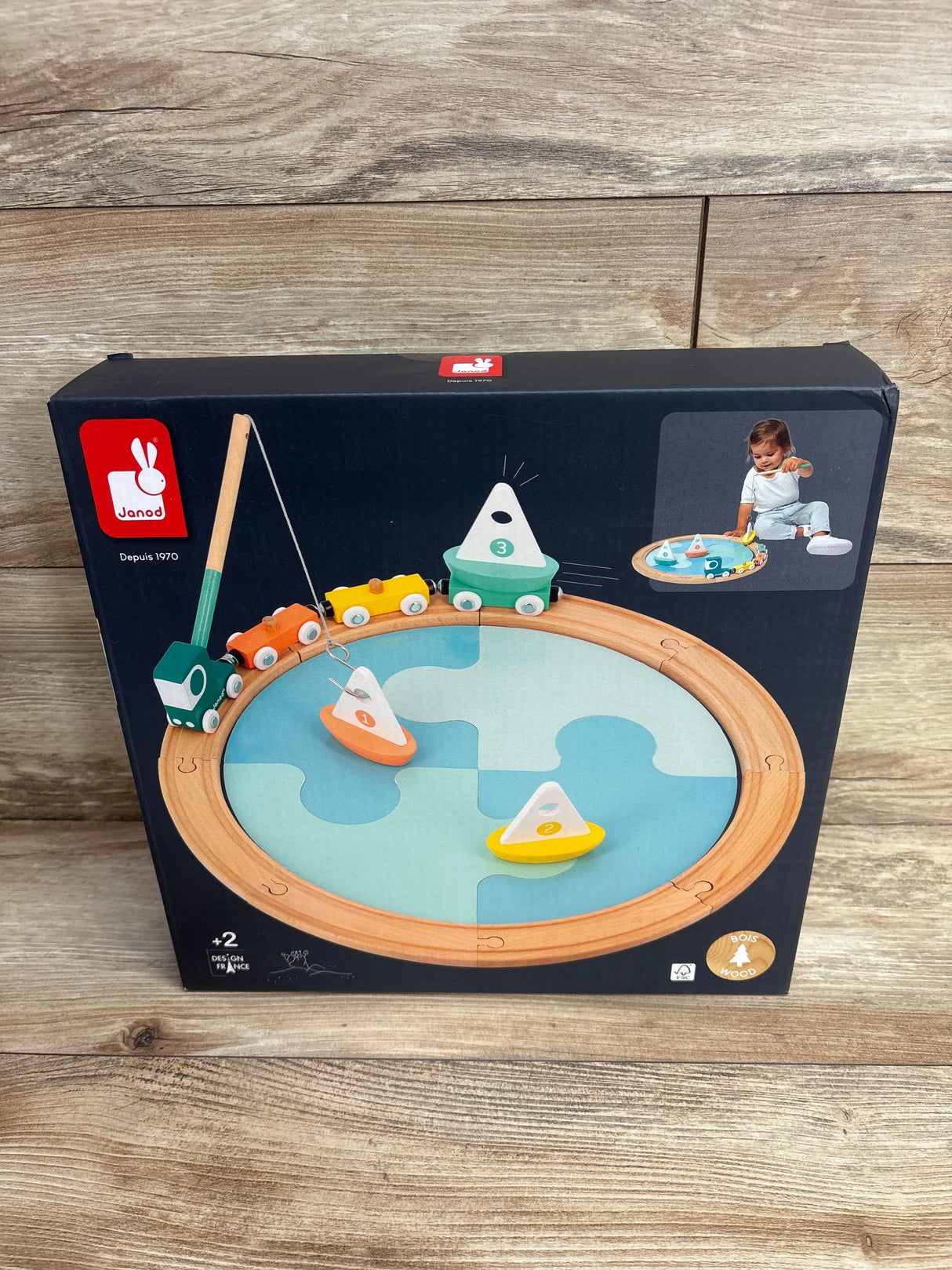 Janod wooden fishing game puzzle set for toddlers, colorful boats and train, ages 2+