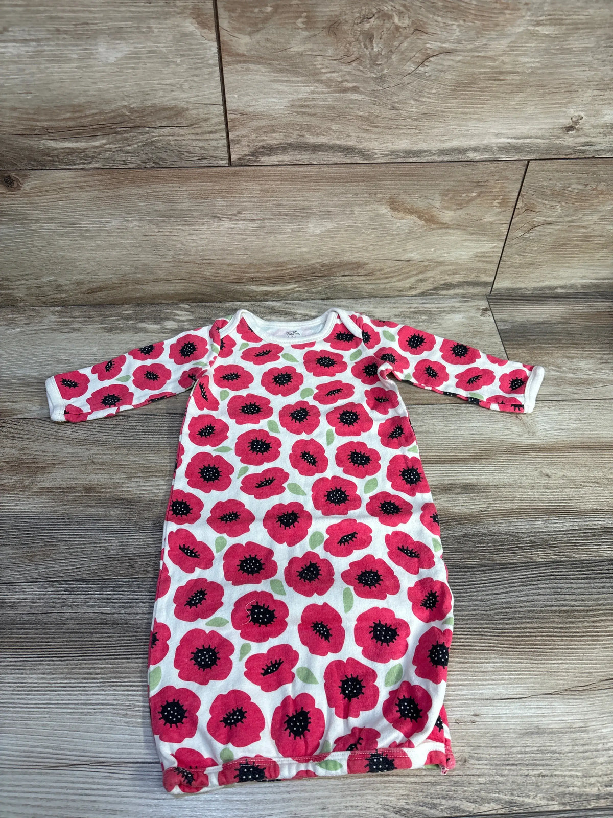 Front view of Touched By Nature cream floral sleep gown showcasing long sleeves and red flower print on a wood floor