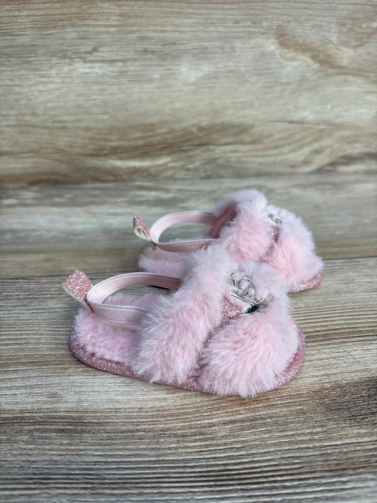 Bebe Babe pink faux fur slide sandals for toddlers with glitter details