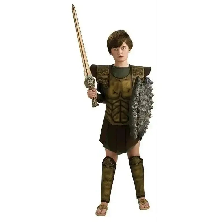 Front view of Rubies Clash of Titans Perseus costume showcasing armor, sword, shield, and leg guards on a white background