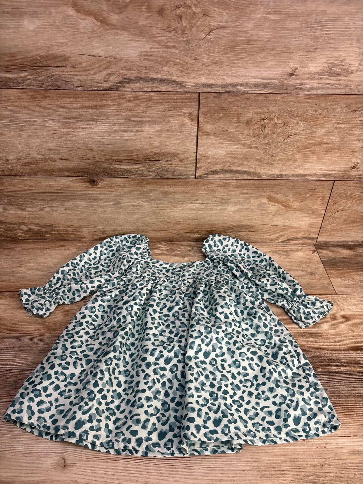 Front view of Janie and Jack pale blue leopard twill dress showcasing empire waist and ruffled sleeves on wooden floor