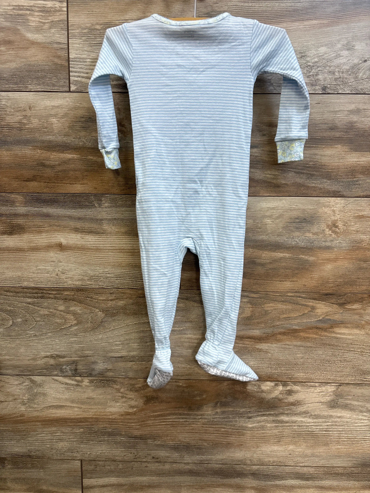 NWOT Me n Mommy To Be blue striped baby sleeper with footies on a wood floor
