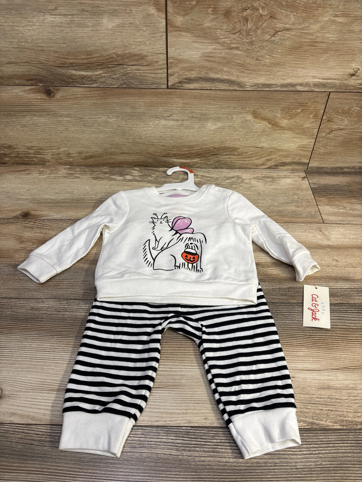 Flat lay of baby Halloween top and striped joggers showing cat and dog graphic with pink balloon on wood background