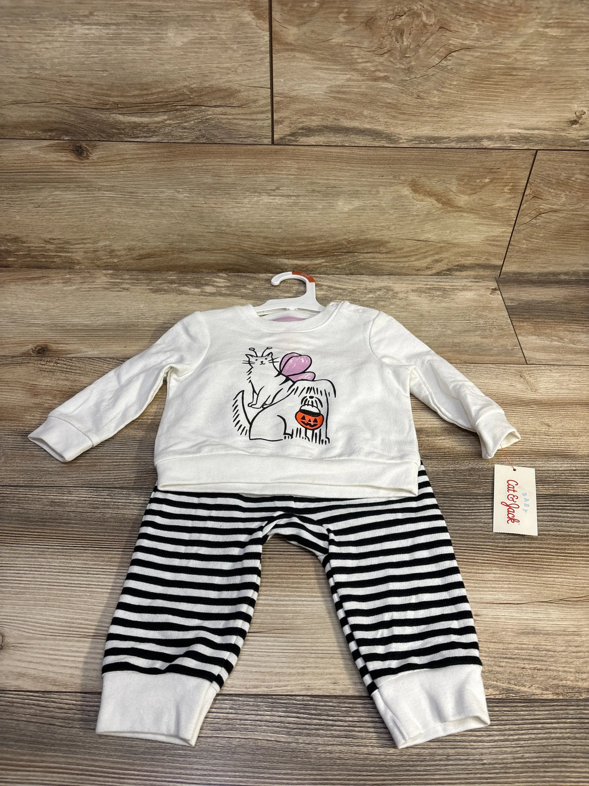 Flat lay of baby Halloween top and striped joggers showing cat and dog graphic with pink balloon on wood background