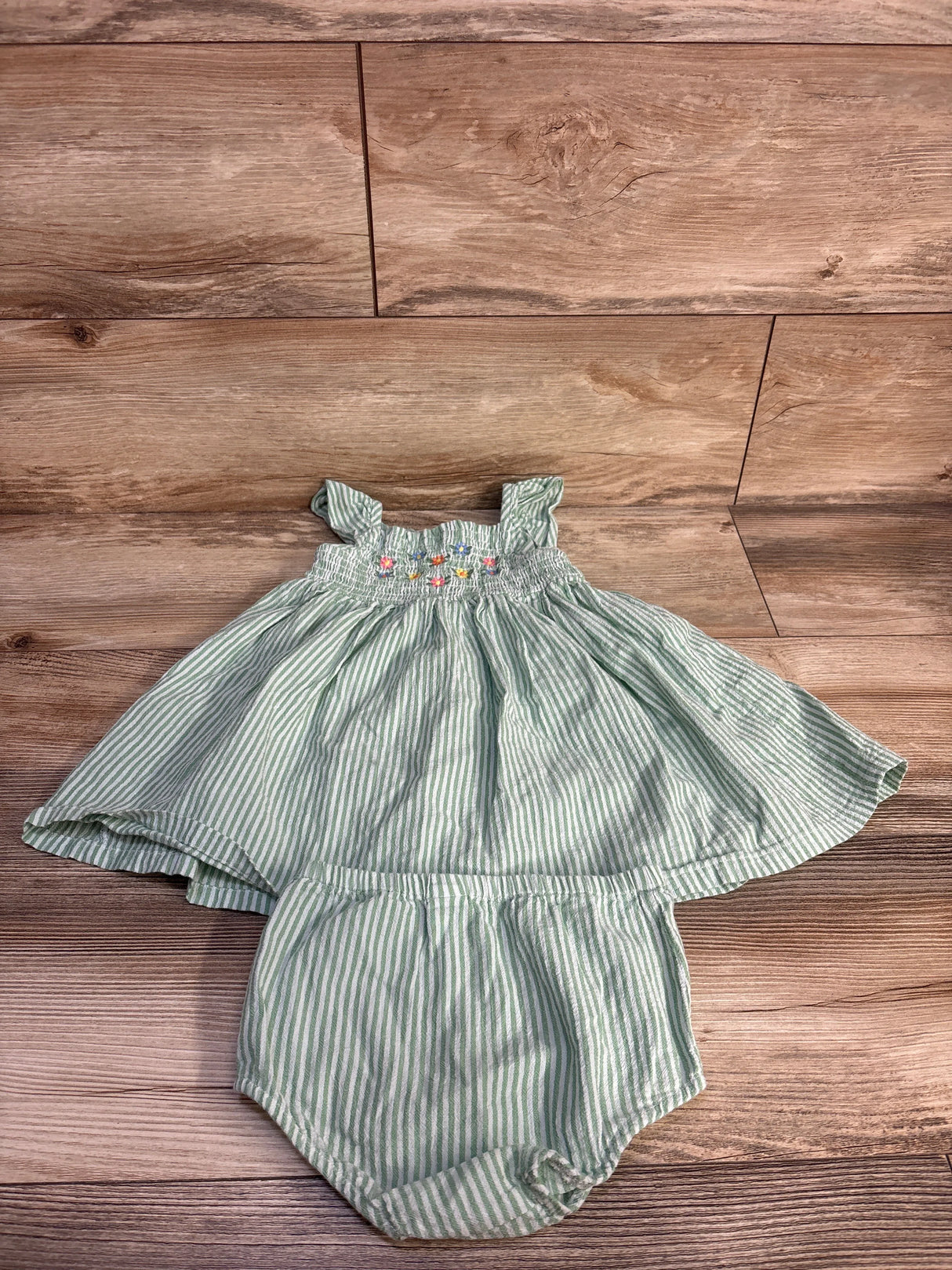 Little Me 2pc Striped Embroidered Dress & Bloomers Set Green sz 18m