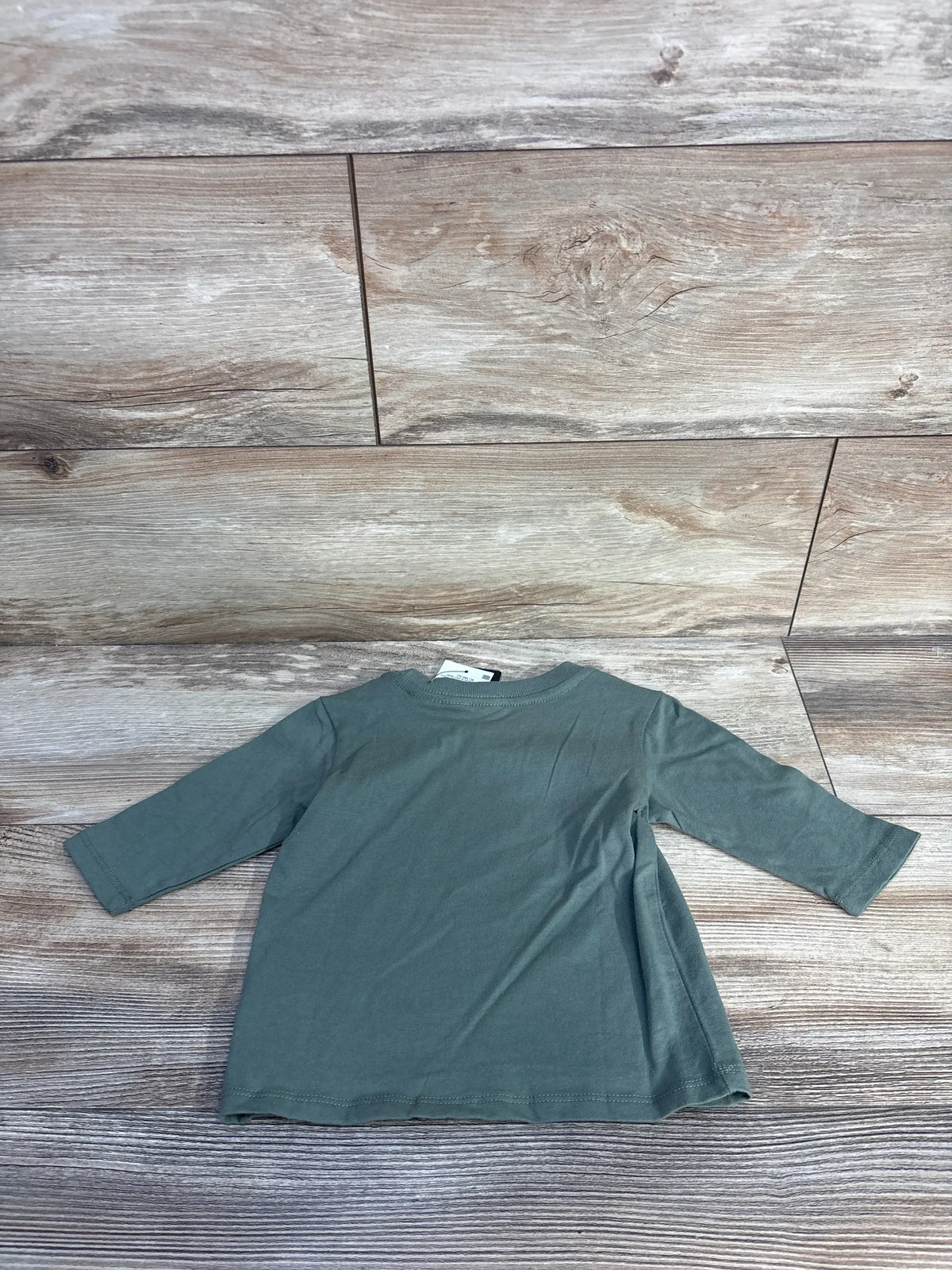 Back view of Cotton On Baby The Notorious B.I.G. shirt showcasing green long sleeves with a wood floor background