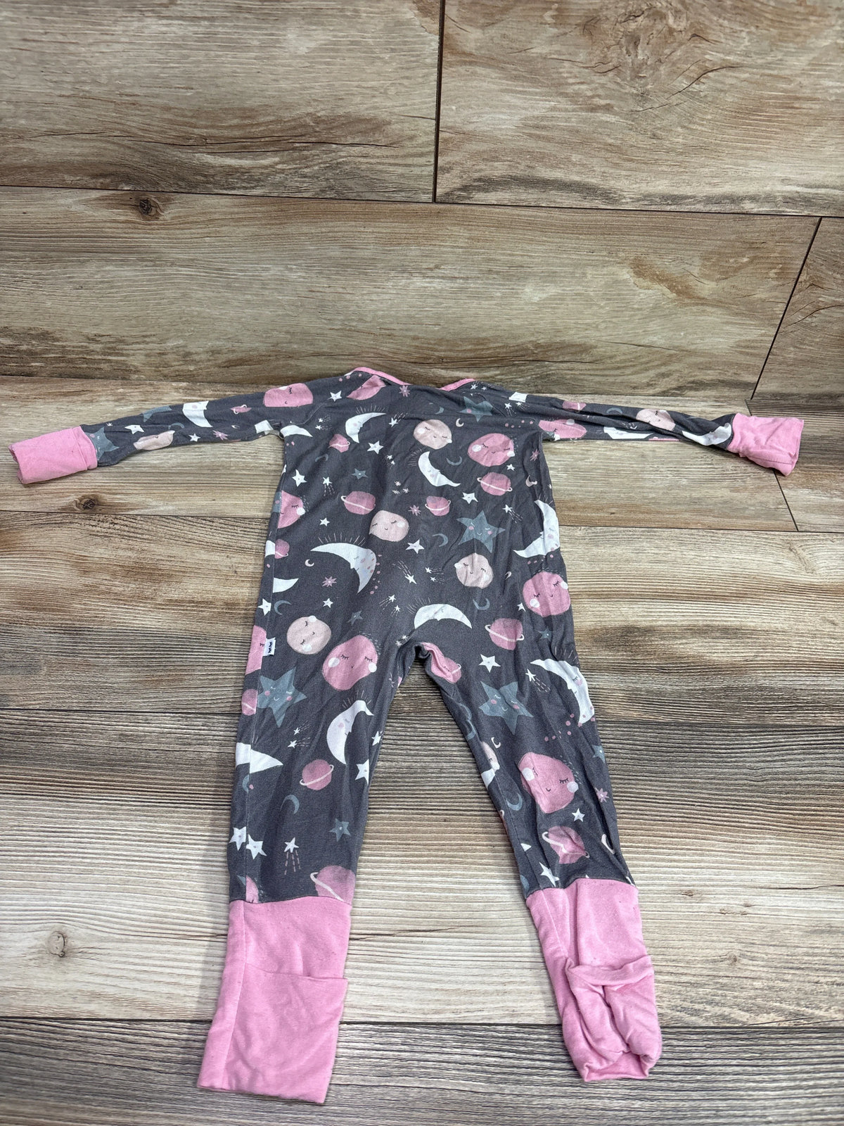 Grey Little Sleepies bamboo space convertible sleeper with pink cuffs and celestial print