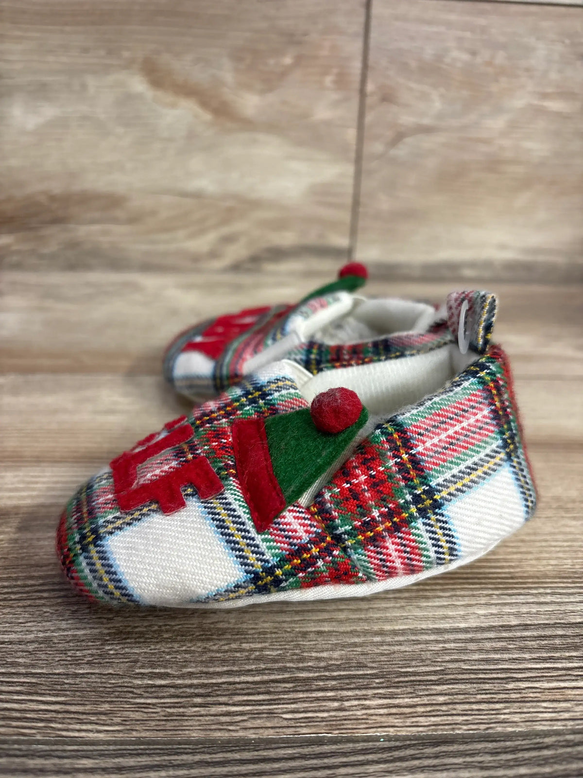 Holiday plaid baby shoes with red green accents, soft sole infant footwear for newborns and toddlers