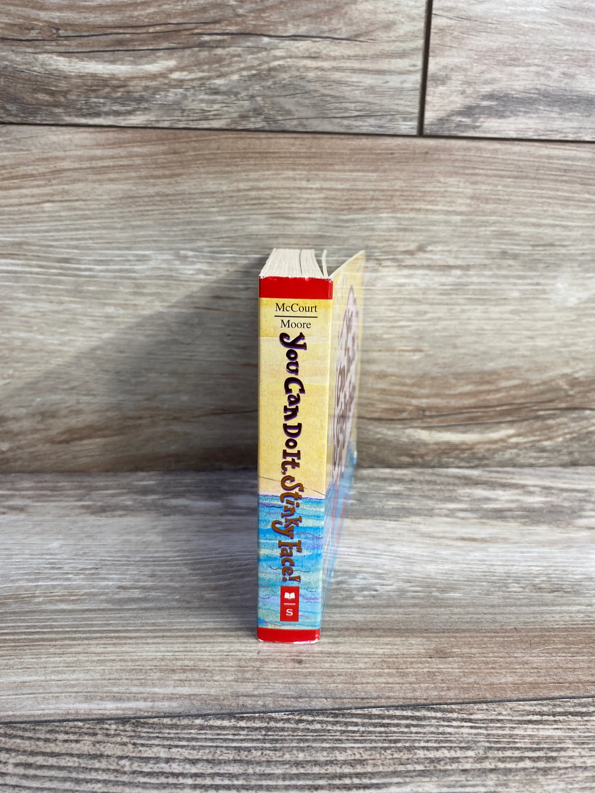You Can Do It, Stinky Face children's book spine on wood background