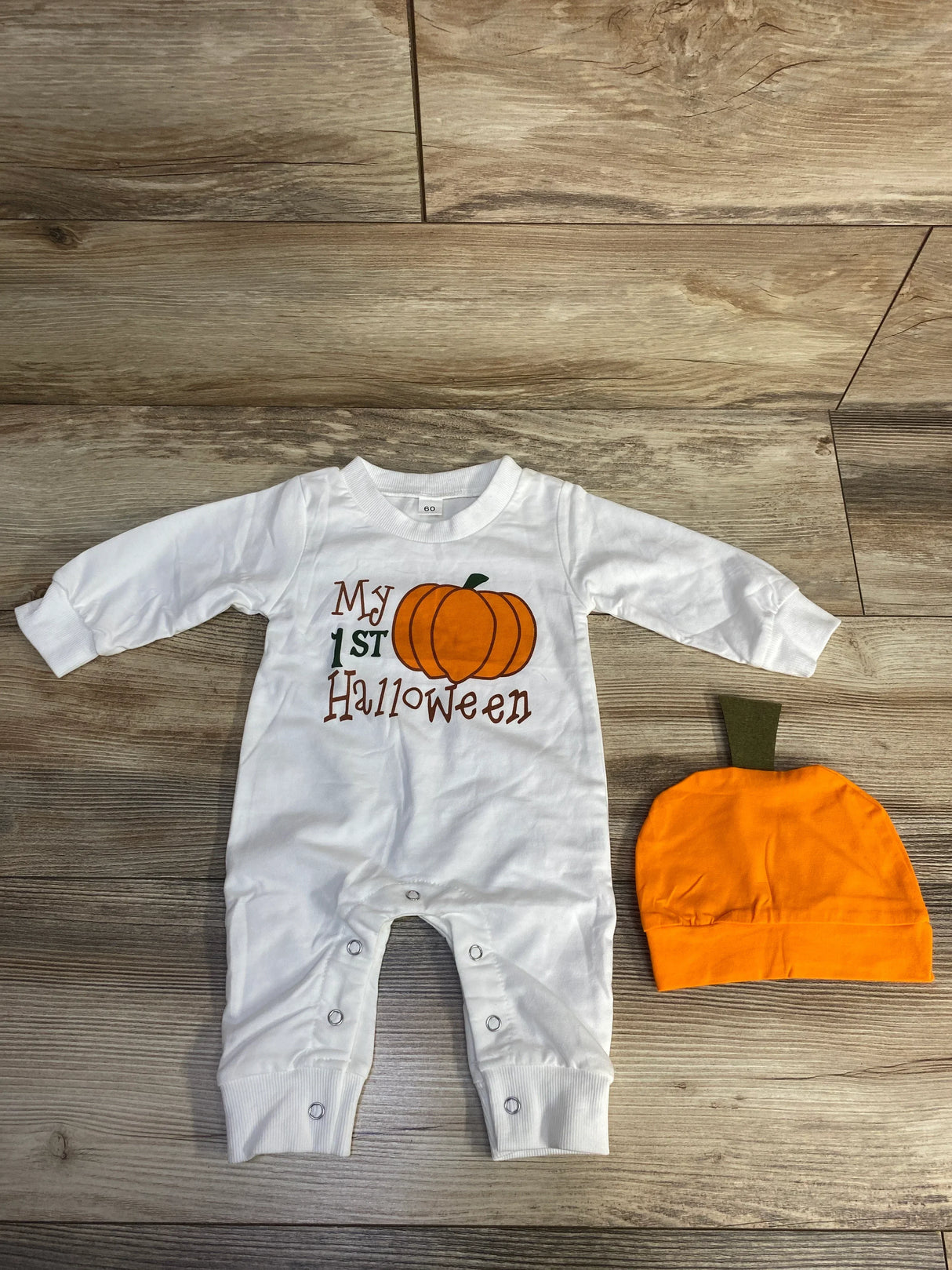 My 1st Halloween baby onesie with pumpkin hat, white long sleeve outfit for infants