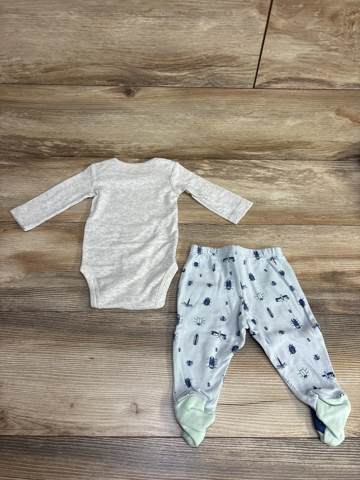 Baby outfit with grey long sleeve bodysuit and footed pants with insect print