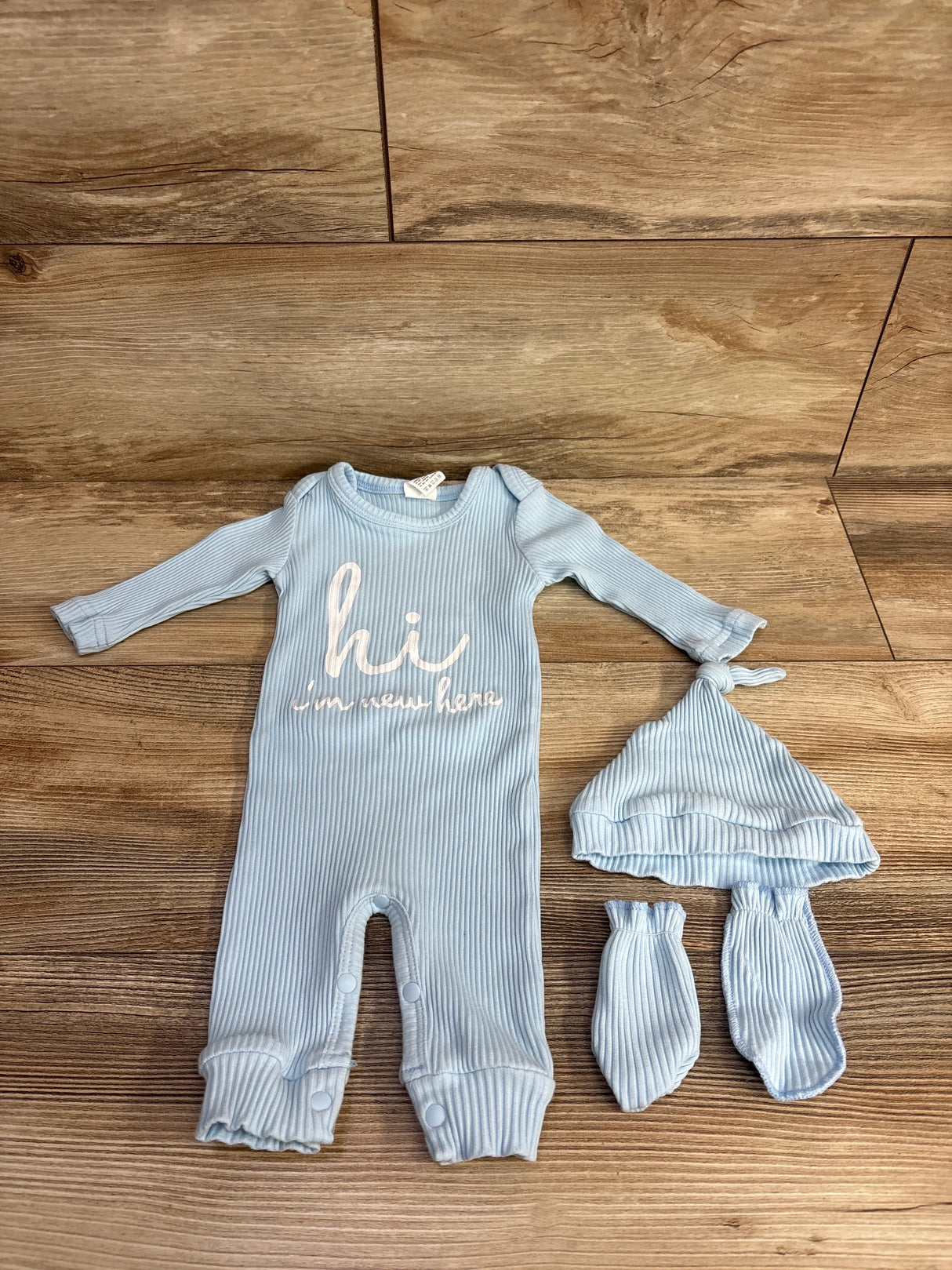 3pc Hi I'm New Here Ribbed Coverall & Hat Set Light Blue sz 0-3m