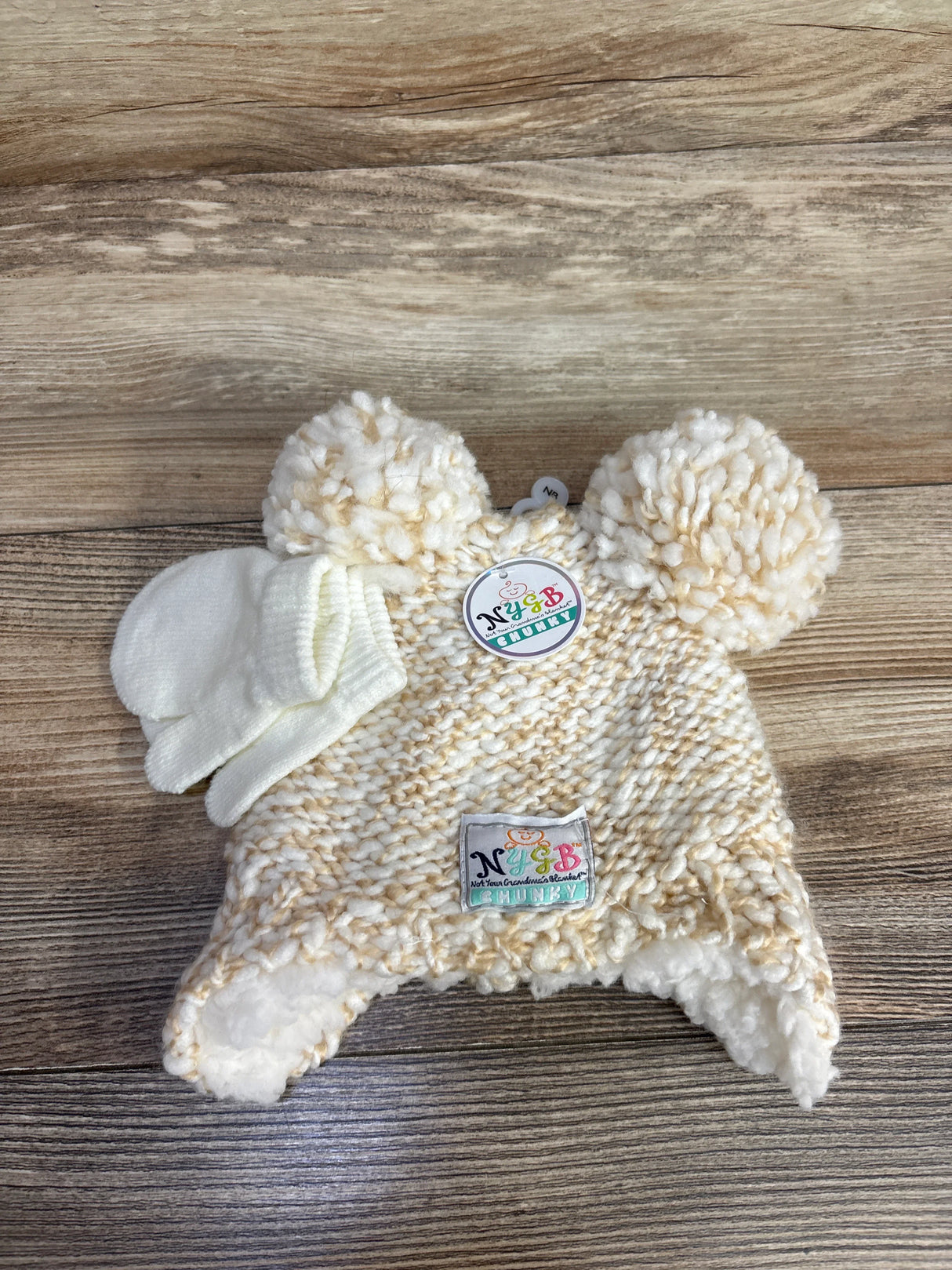 NEW NYGB Faux Fur Chunky Knit Hat & Mittens 2pc Set Beige