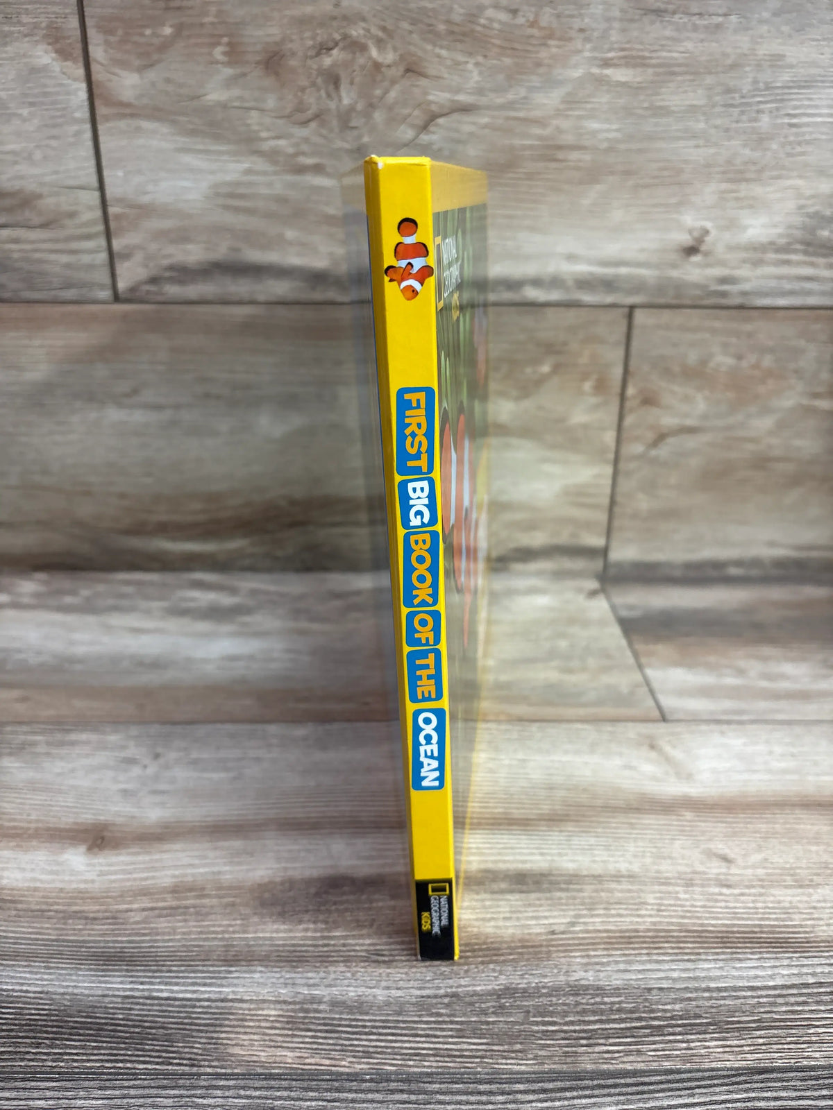 Side view of National Geographic Little Kids First Big Book of the Ocean hardcover book with yellow spine and wood-look background