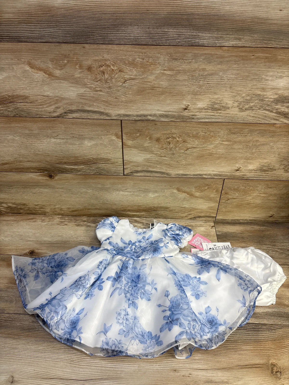 Rare Editions 2pc white tulle baby dress with blue floral print and matching bloomers