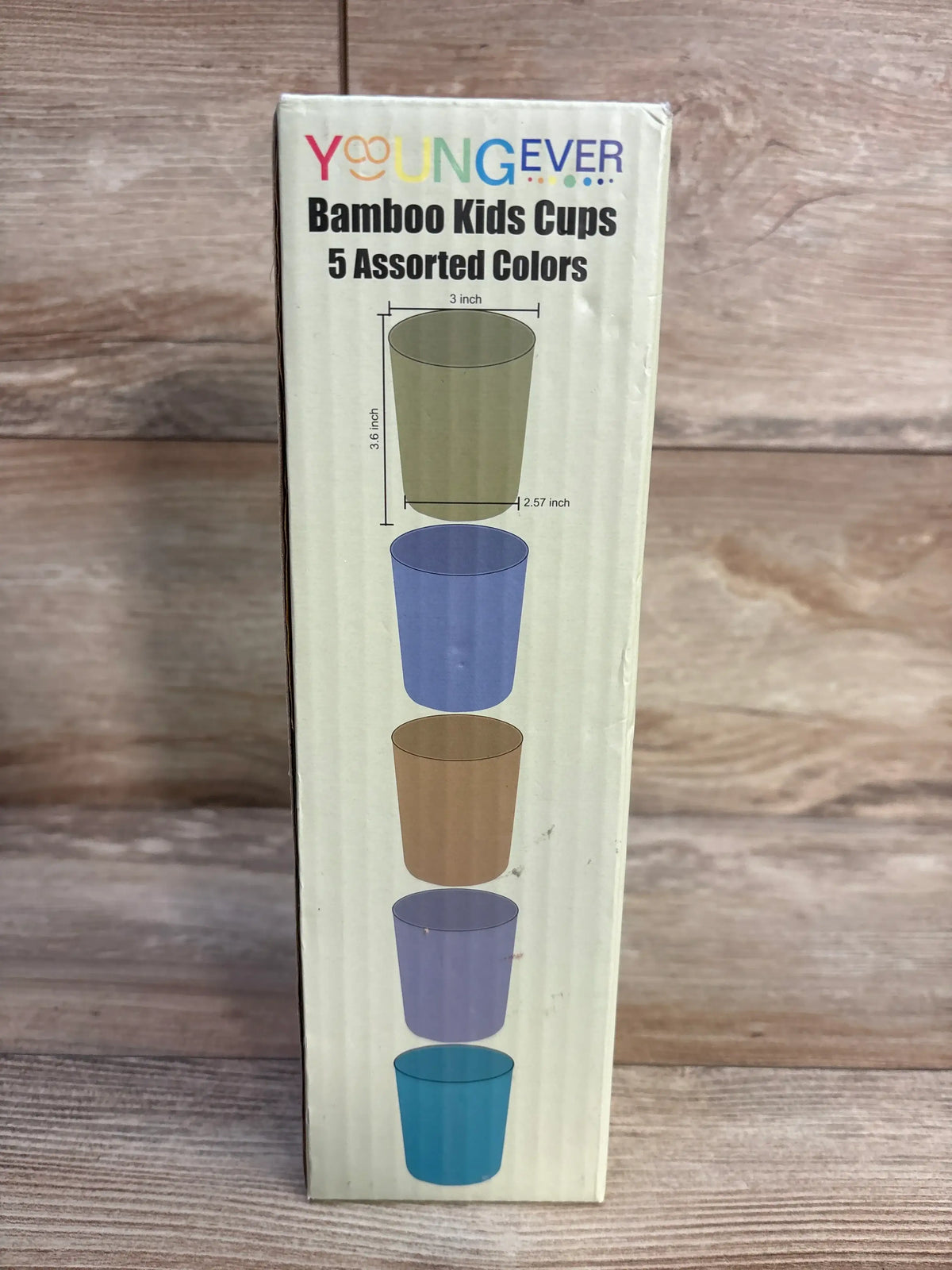 Packaging for Me n Mommy To Be Bamboo Kids Cups in 5 assorted colors with dimensions.