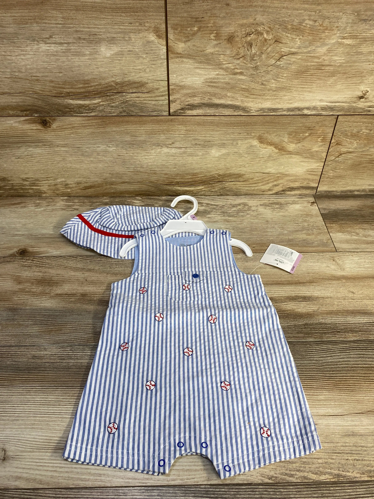 Little Me 2pc Baseball Seersucker Romper & Hat Set White sz 9m