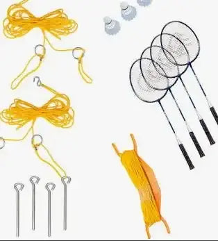 Top-down of badminton set with four rackets, three shuttlecocks, yellow boundary cords and metal ground stakes on white background