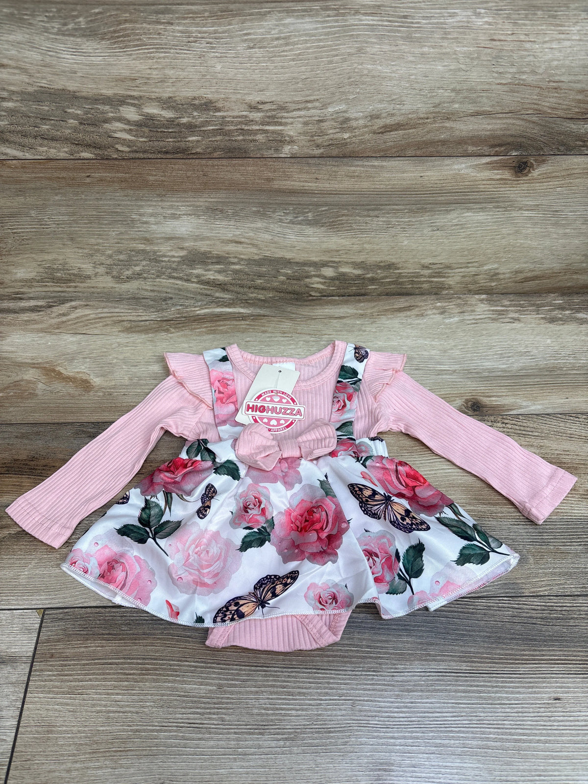 NEW Highuzza Long Sleeve Ribbed Faux-Suspender Bodysuit Dress Pink sz 0-3m