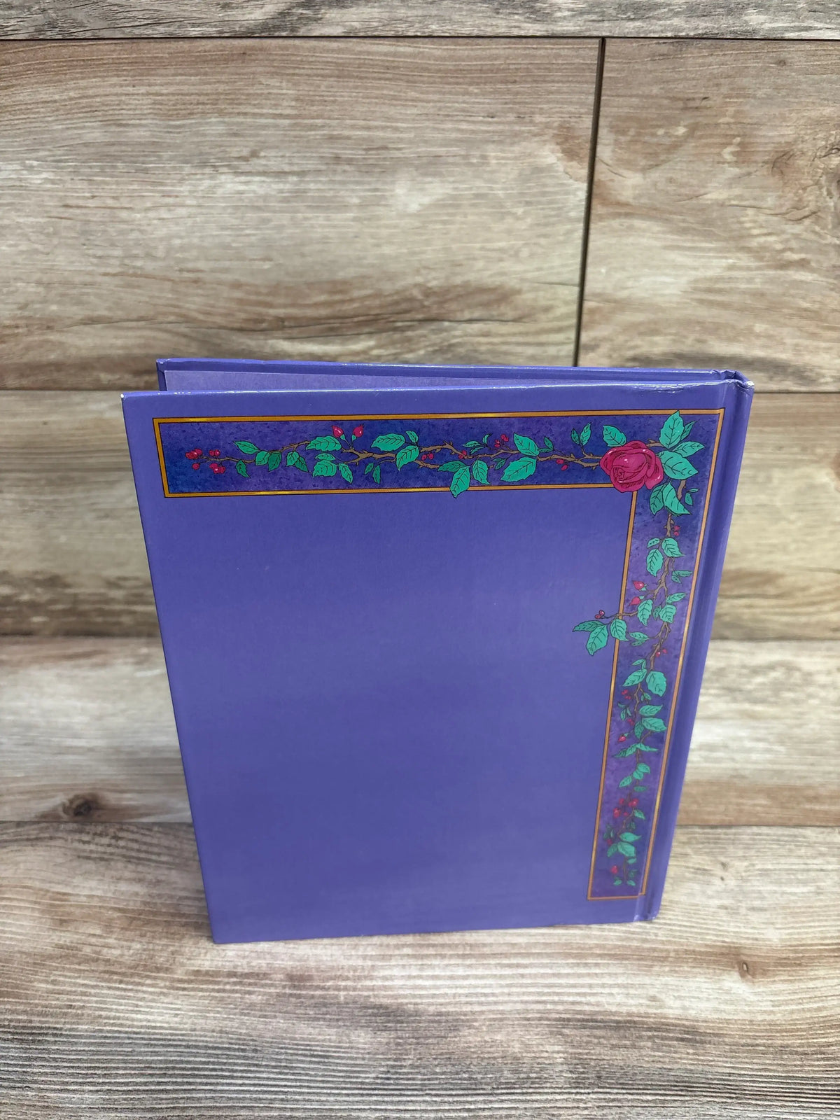 Back view of Disney Beauty and the Beast hardcover book showcasing a purple cover with floral border on a wood background