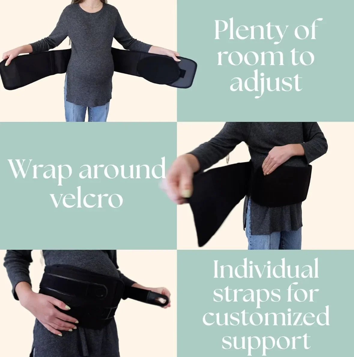 Collage showing a model wearing a black maternity support belt; overlaid text: adjustable fit, Velcro wrap, individual straps