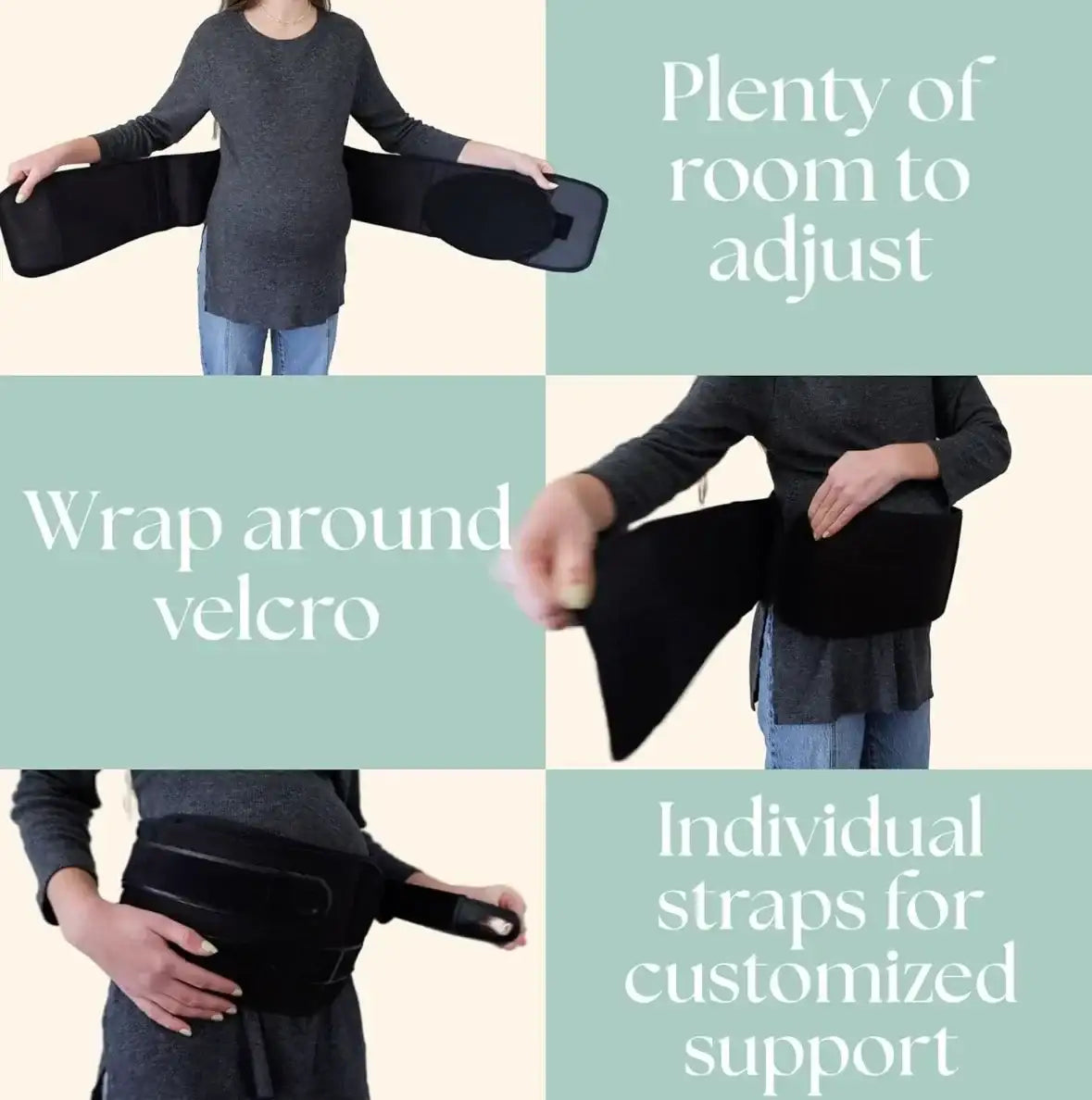 Collage showing a model wearing a black maternity support belt; overlaid text: adjustable fit, Velcro wrap, individual straps