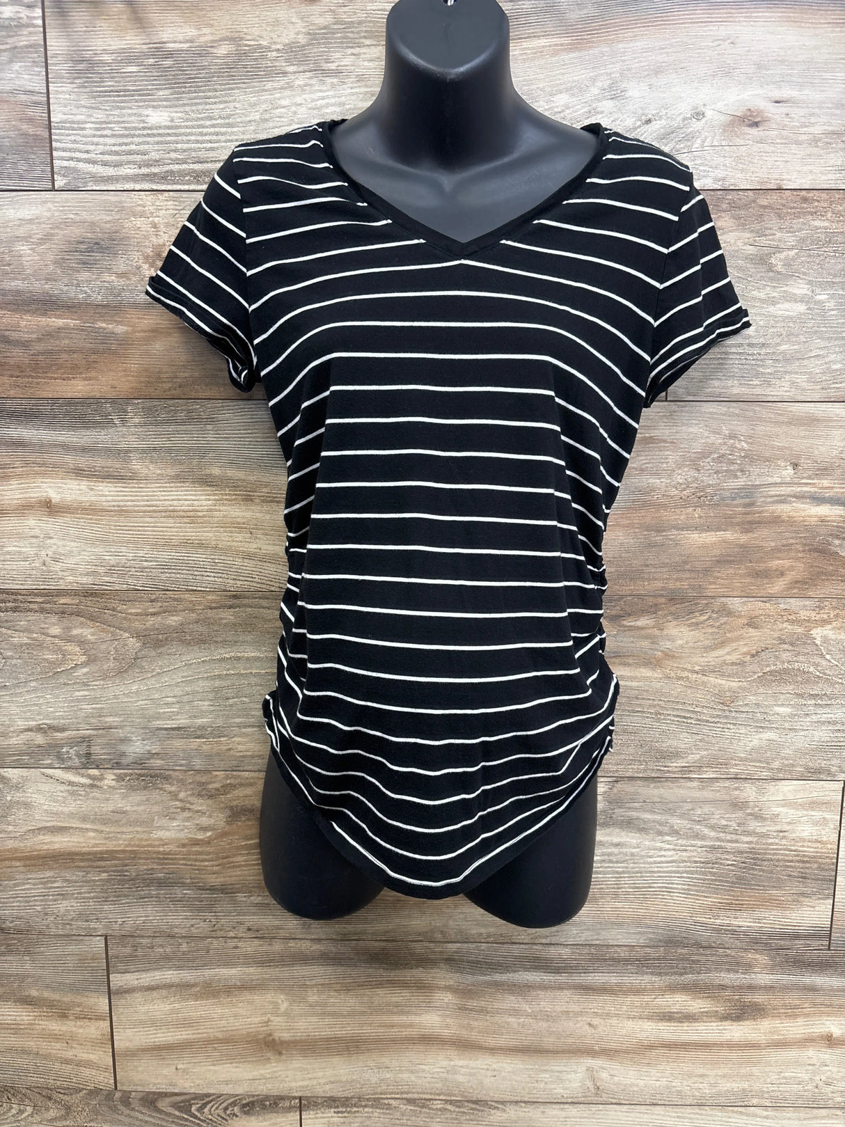 Isabel Maternity Striped Ruched V-Neck Shirt Black sz Medium