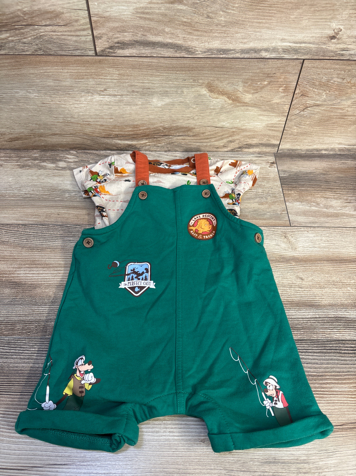 Boxlunch x Disney 2pc A Goofy Movie Lake Destiny Overall & Shirt Set Beige sz 12m