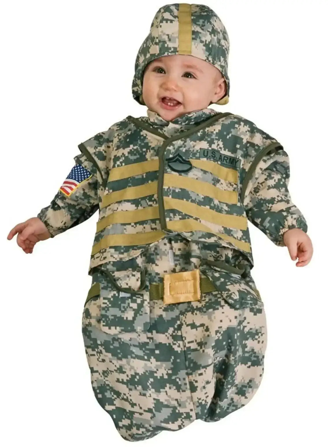 Front view of Rubie’s soldier bunting costume showcasing digital camouflage, U.S. Army patch, and matching cap on white background