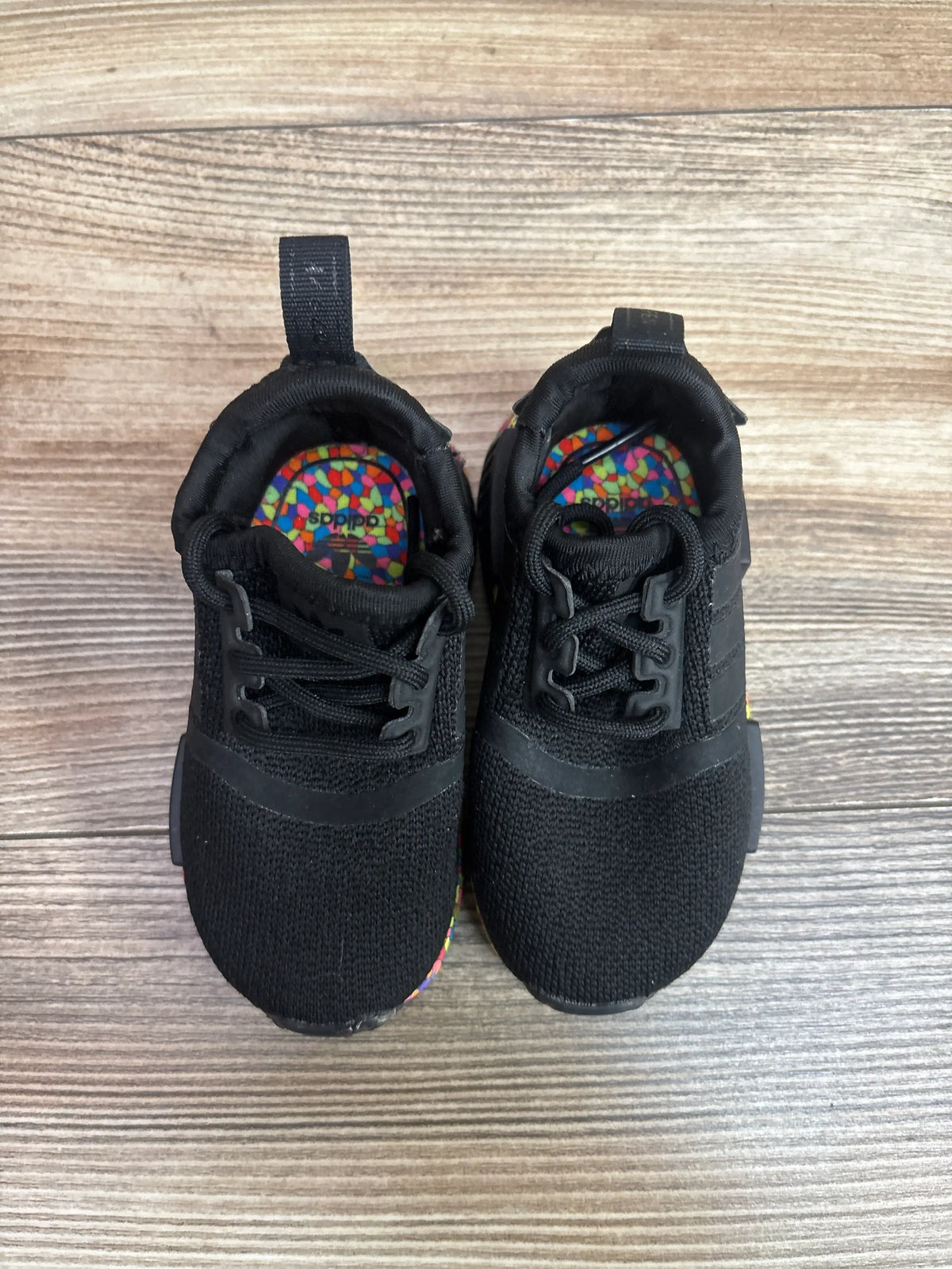 Top view of Me n Mommy To Be Adidas NMD_R1 El Mosaic Black Sneakers size 5c