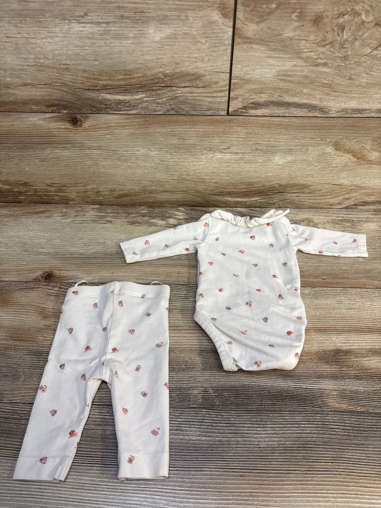 Baby girl floral long sleeve bodysuit and pants set on wooden background