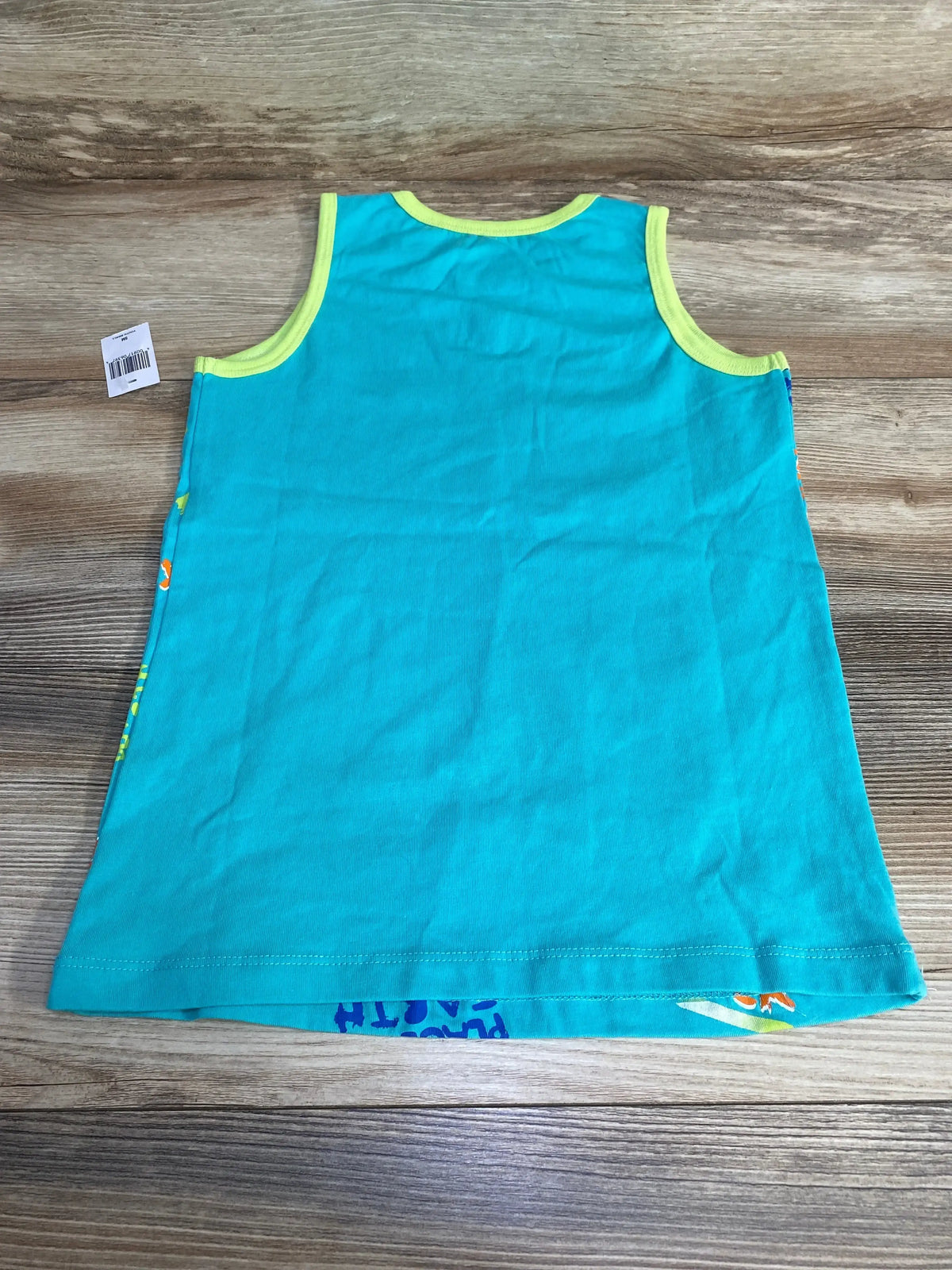 Back view of green Disney Best Day Ever toddler tank top size 5T/5-6 showcasing yellow neck and arm trim on wood background