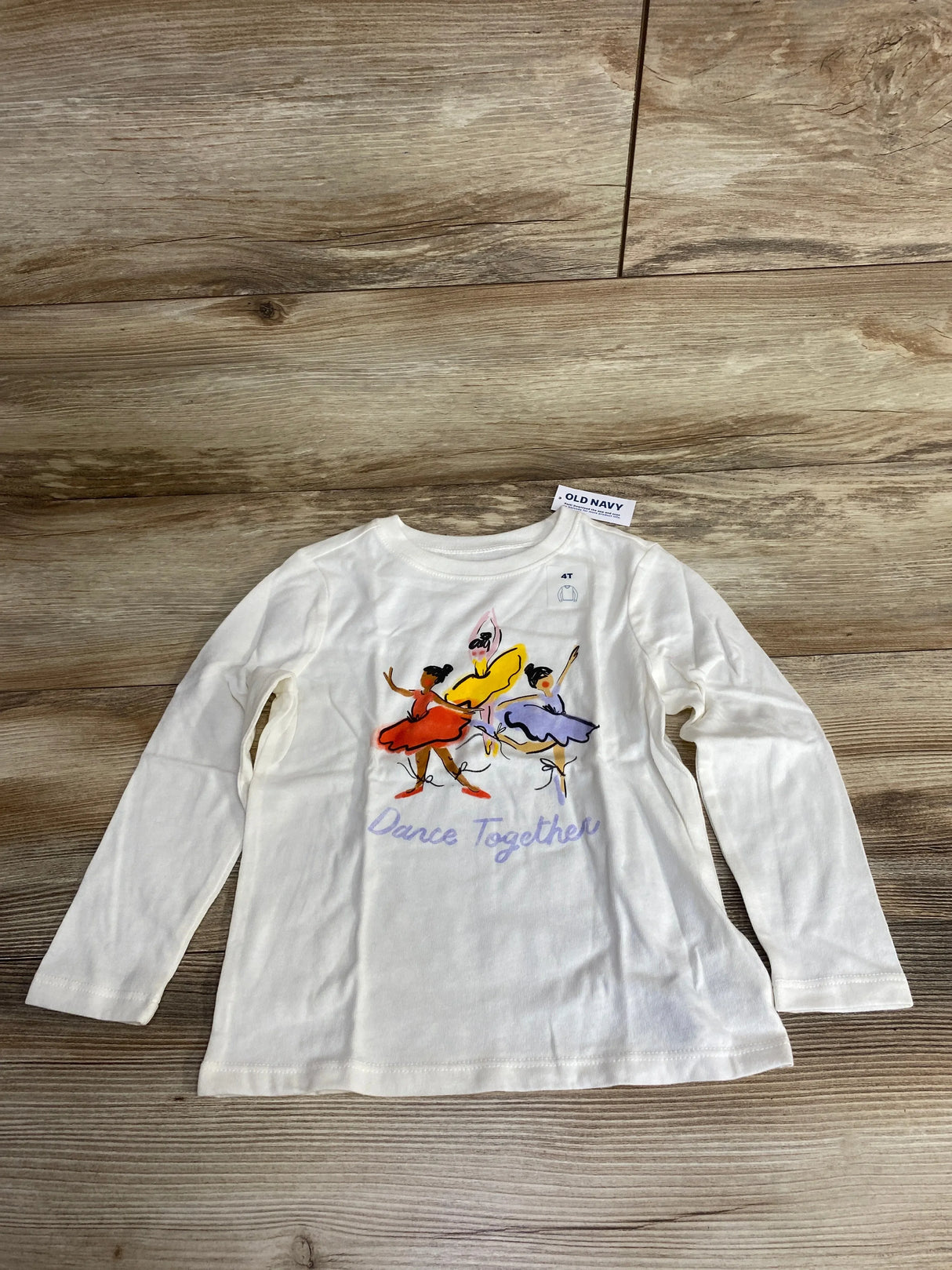 White long sleeve kids shirt with dancers and 'Dance Together' print, Old Navy size 4T