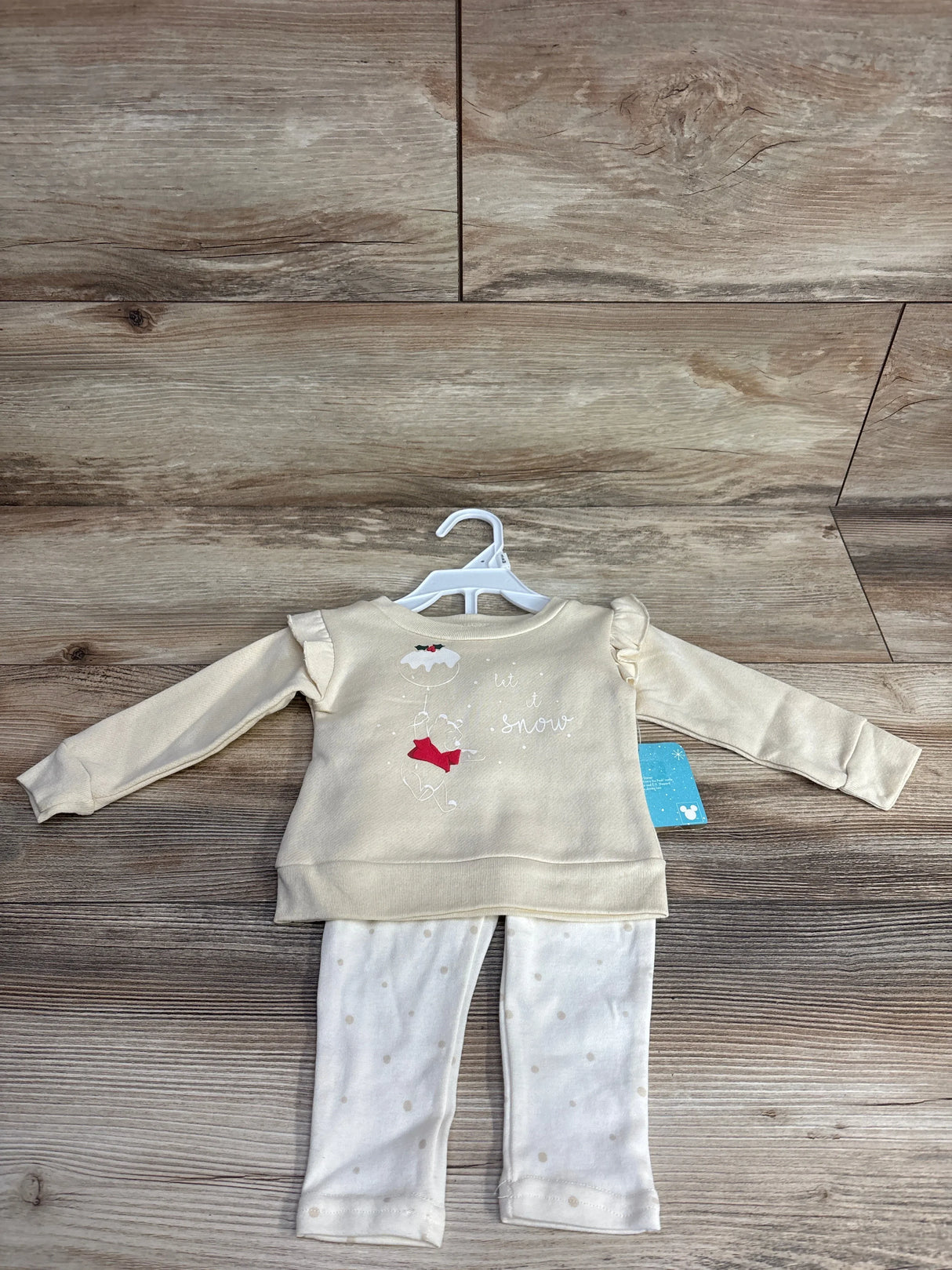 Infant long sleeve cream shirt with snowman graphic and matching polka dot pants set