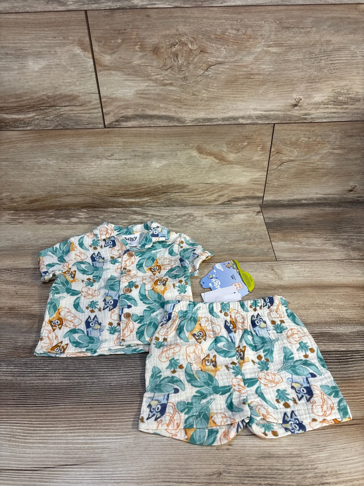 Bluey toddler pajama set with floral and character print, short sleeve top and shorts on wood floor