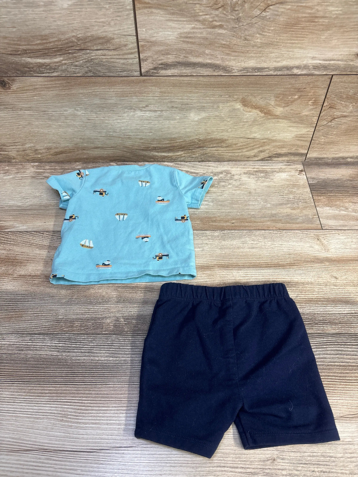 Pekkle 2pc baby set with light blue boat print shirt and dark blue shorts