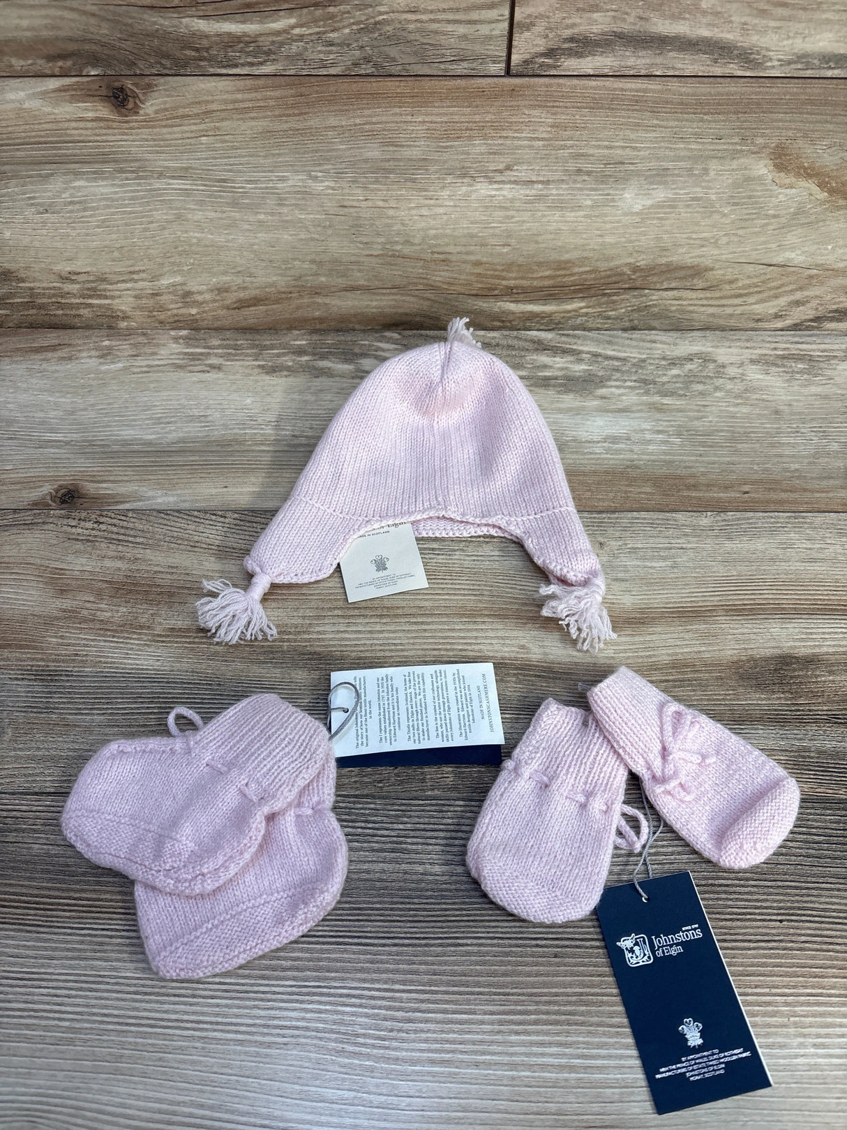 NEW Johnstons of Elgin 3pc Cashmere Hat+Booties+Mittens Set, Pink