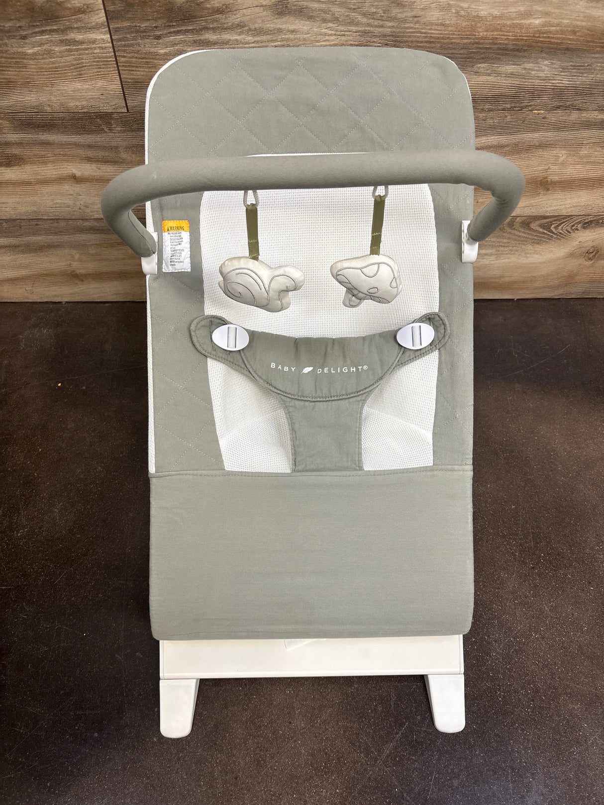 Top view of Baby Delight Alpine Deluxe bouncer in sage with quilted seat, mesh panel, toy bar, two hanging toys, white frame