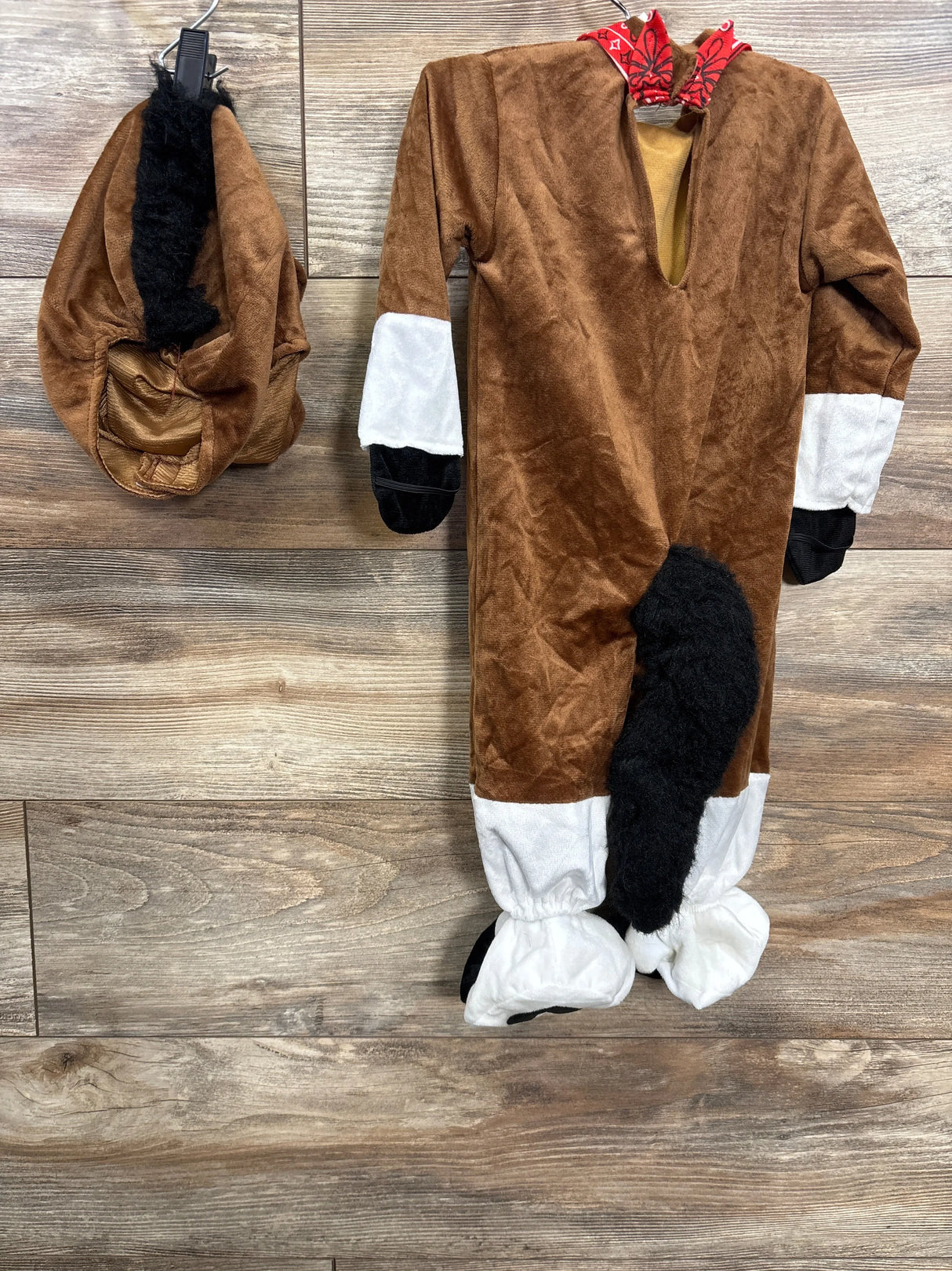 Brown horse costume with white cuffs, black hooves, and red bandana for kids